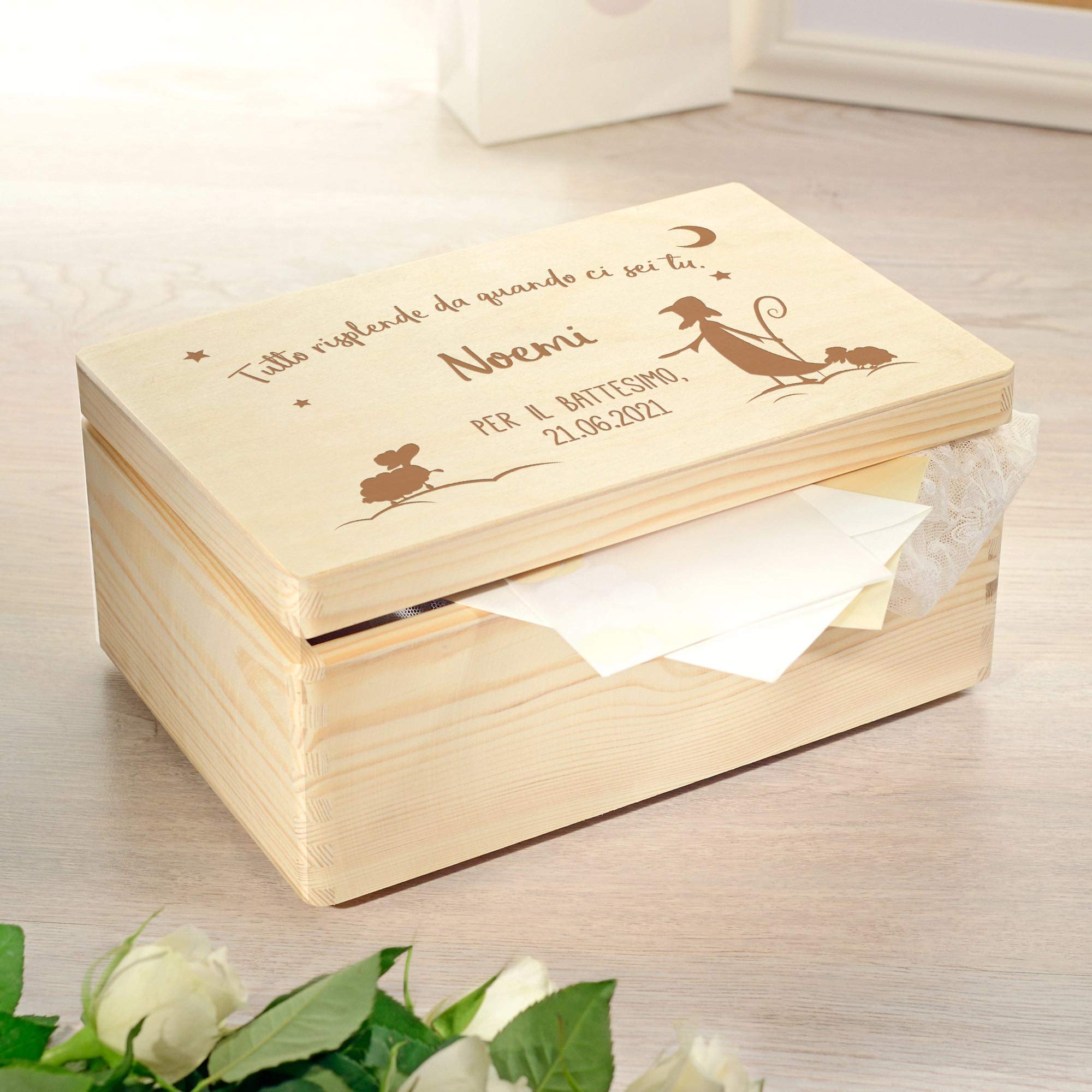 Casa Vivente Confezione Regalo in Legno con Incisione per il Battesimo Personalizzata con Nome e Data, Scatola dei Ricordi Portaoggetti, Accessori Decorativi Cameretta