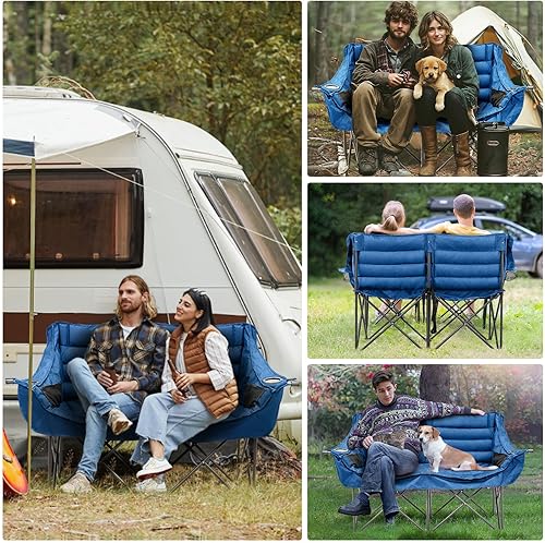 Miniatura 6 de Slsy Silla de camping doble de gran tamaño, silla de camping plegable para 2 personas, sofá biplaza, silla doble totalmente acolchada, silla de