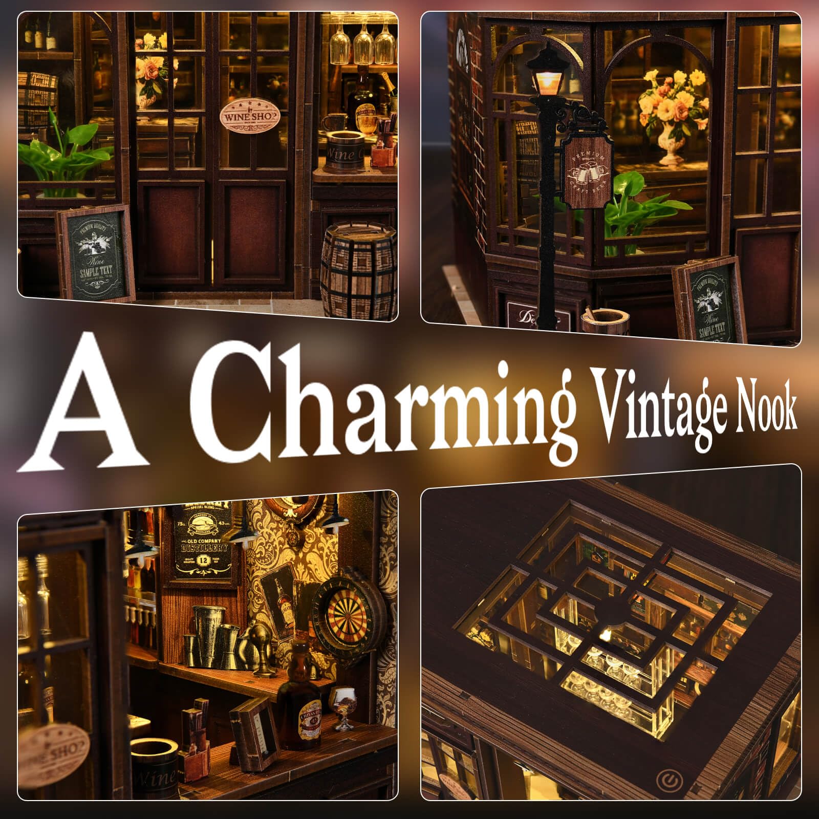 Książka Nook Miniaturowe puzzle do samodzielnego wykonania, drewniane puzzle z narożną tawerną, 3D, domek dla lalek w stylu vintage, pub, z lampkami LED, dekoracja barowa do domu i domu