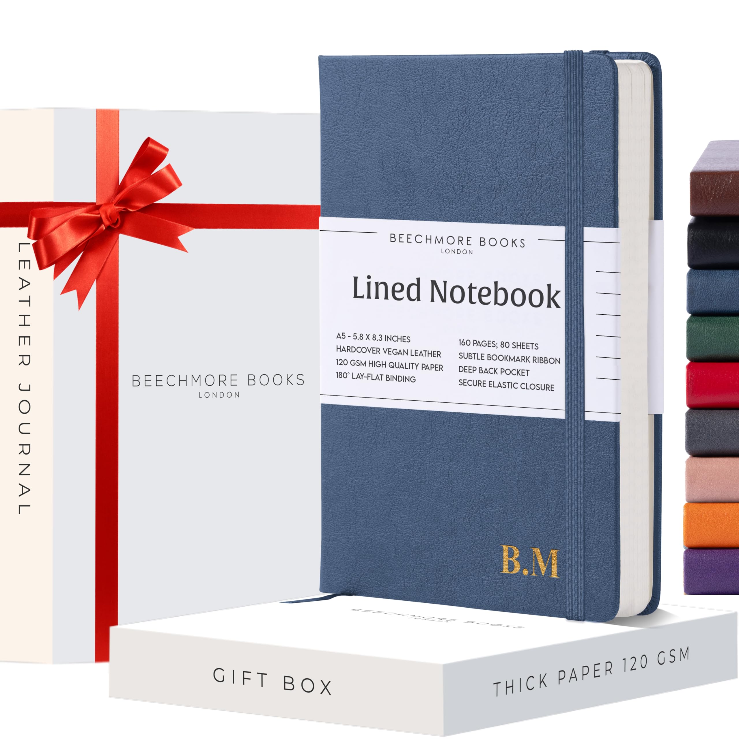 Beechmore Books Ruled Journal Notebook - A5 Navy 160 Lined Pages 8.3 x 5.8 inch | Monogram Leather Daily Journals For Writing - Thick 120gsm Cream Paper | Gifts for Men, Women — image 1