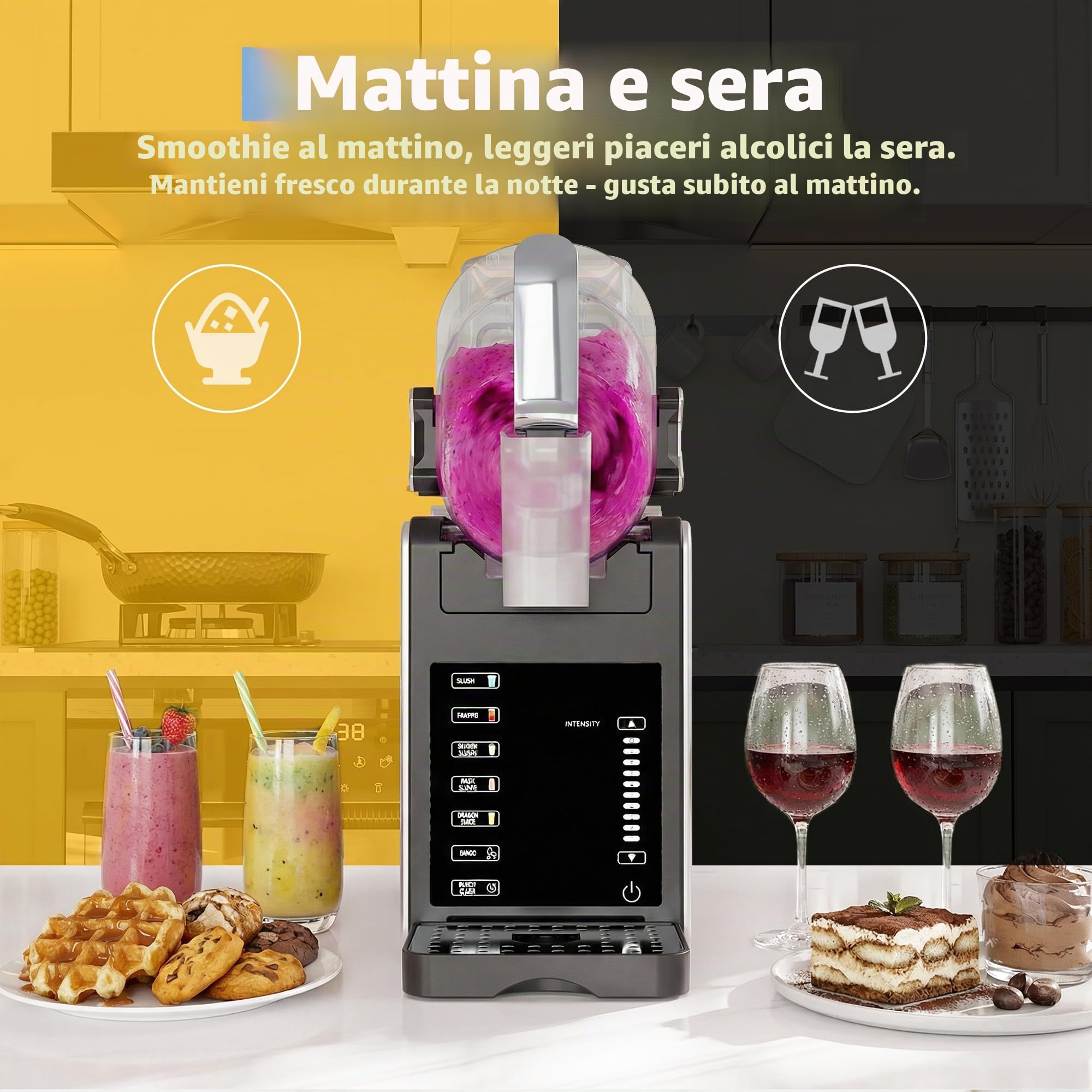 Macchina slushy da 1,9 l, per la casa con 5 programmi automatici, display a LED, autopulente, senza ghiaccio, per frappè, margarita, frullati