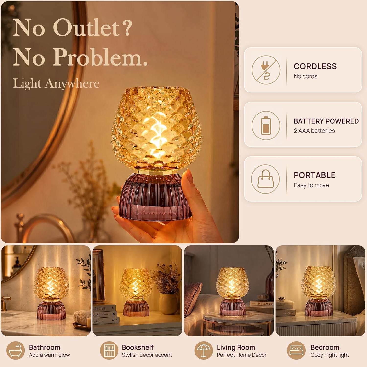 Battery Operated Lamp with Timer, Cute Small Cordless Glass Table Lamp for Home Decor, Kitchen, Bathroom, Birthday Gift for Women, Pinecone, Amber