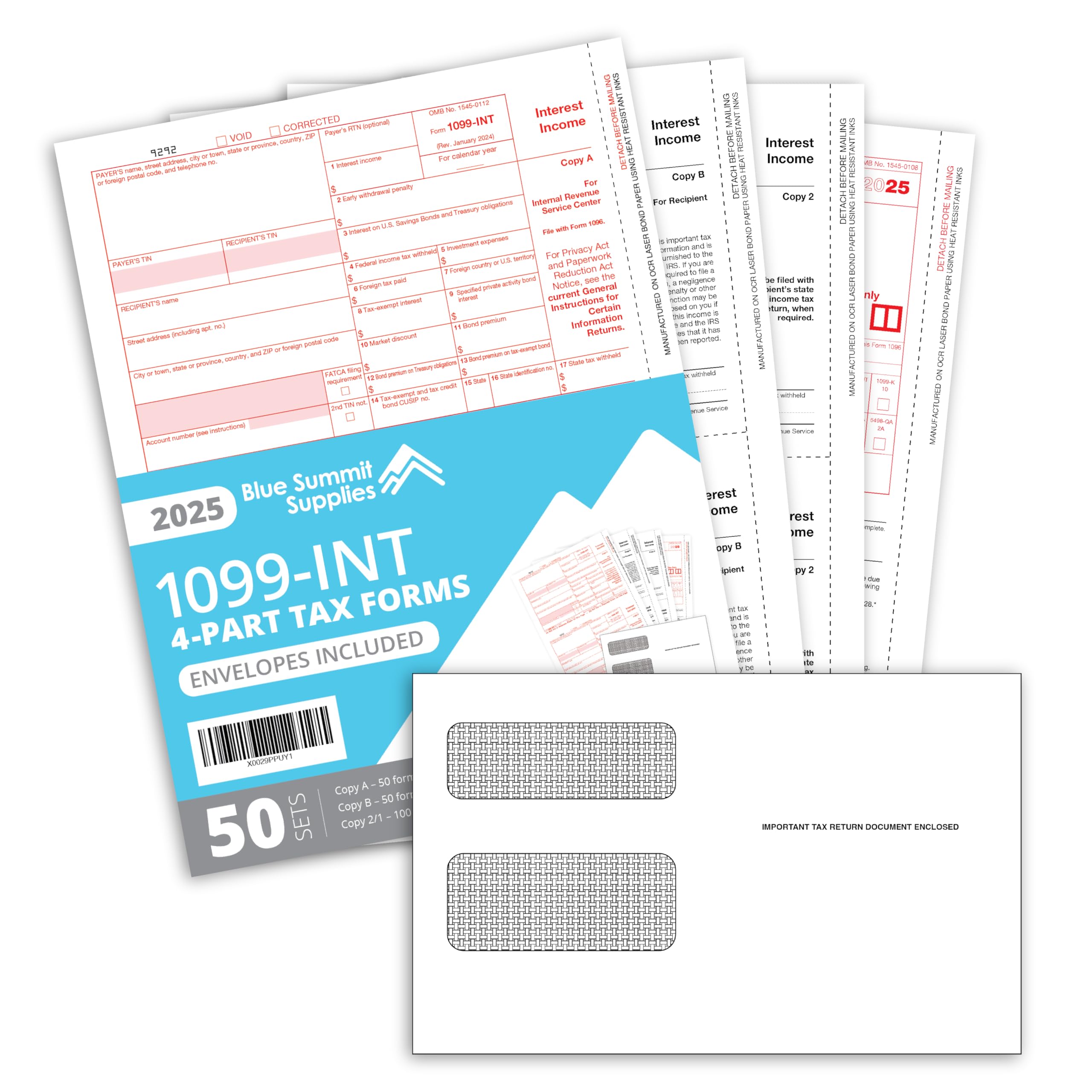 Blue Summit 50 1099 INT Forms 2025 with Envelopes, 1099 Interest Forms 2025, Laser 4 Part Tax Form for Interest Income, Compatible with QuickBooks,