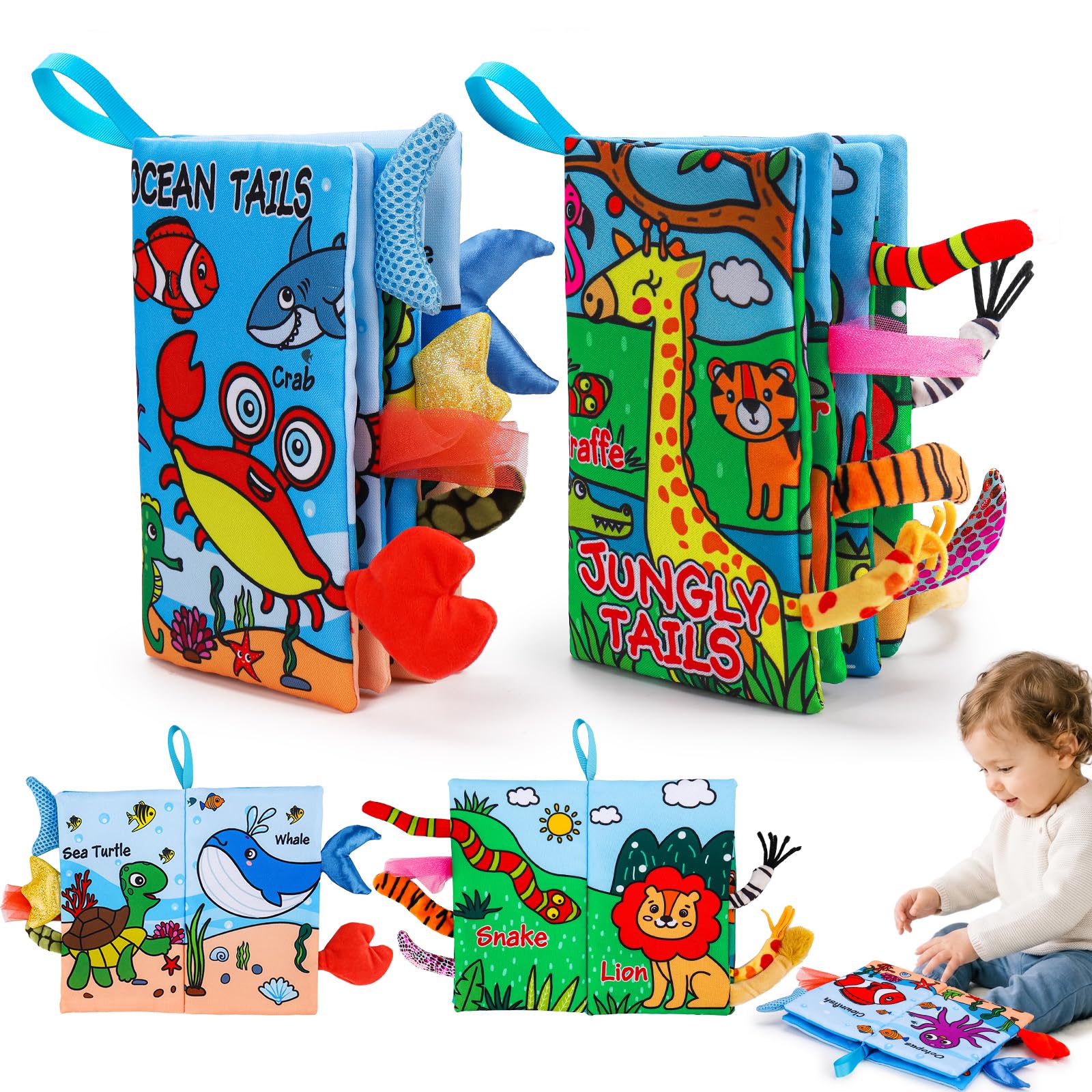 Lypsochaat 2 Pcs Baby Books 0-6 Months Baby Toys Sensory Books for Babies, Baby Essentials for Newborn Infants Tummy Time Toys, Newborn Gifts for 0 3 6 12 Months Baby Boys Girls(Marine&Jungly)