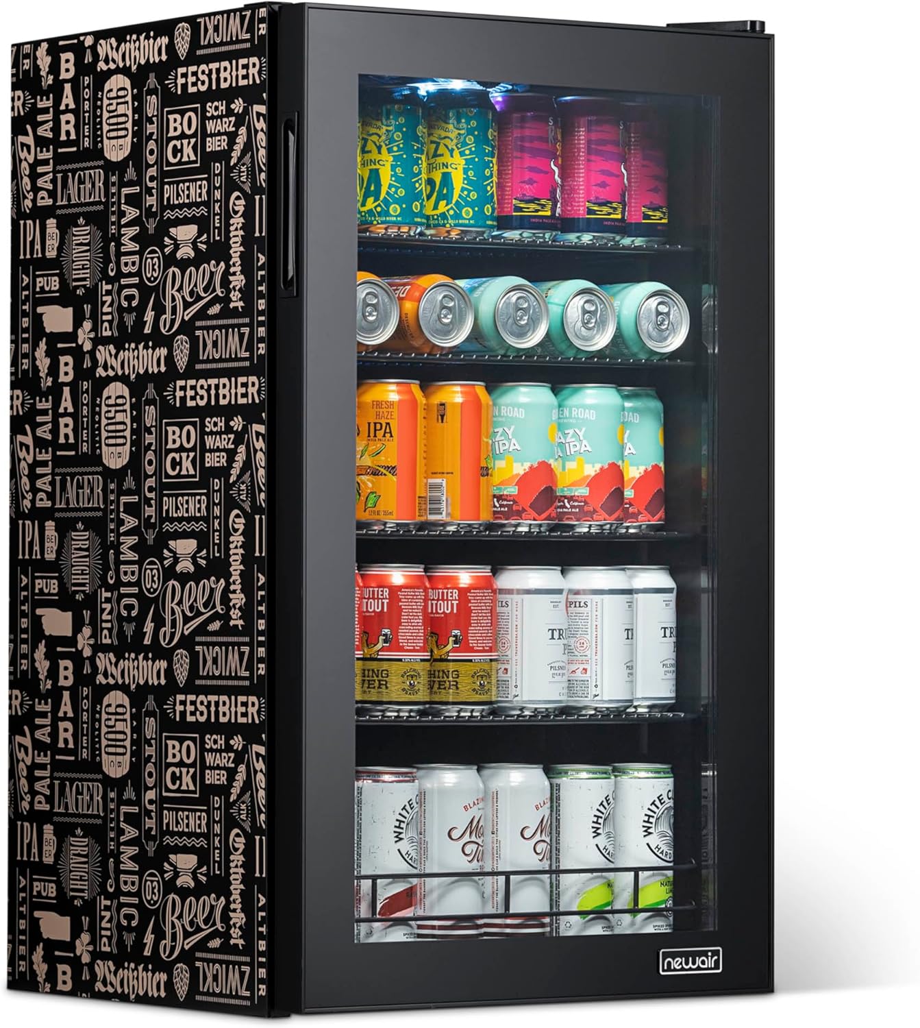 NewAir 126 Can Beverage Refrigerator | Freestanding Mini Fridge for Home Bar or Office | SplitShelf Storage, 32°F Cooling & LED Lighting | “Beers of the World” Design