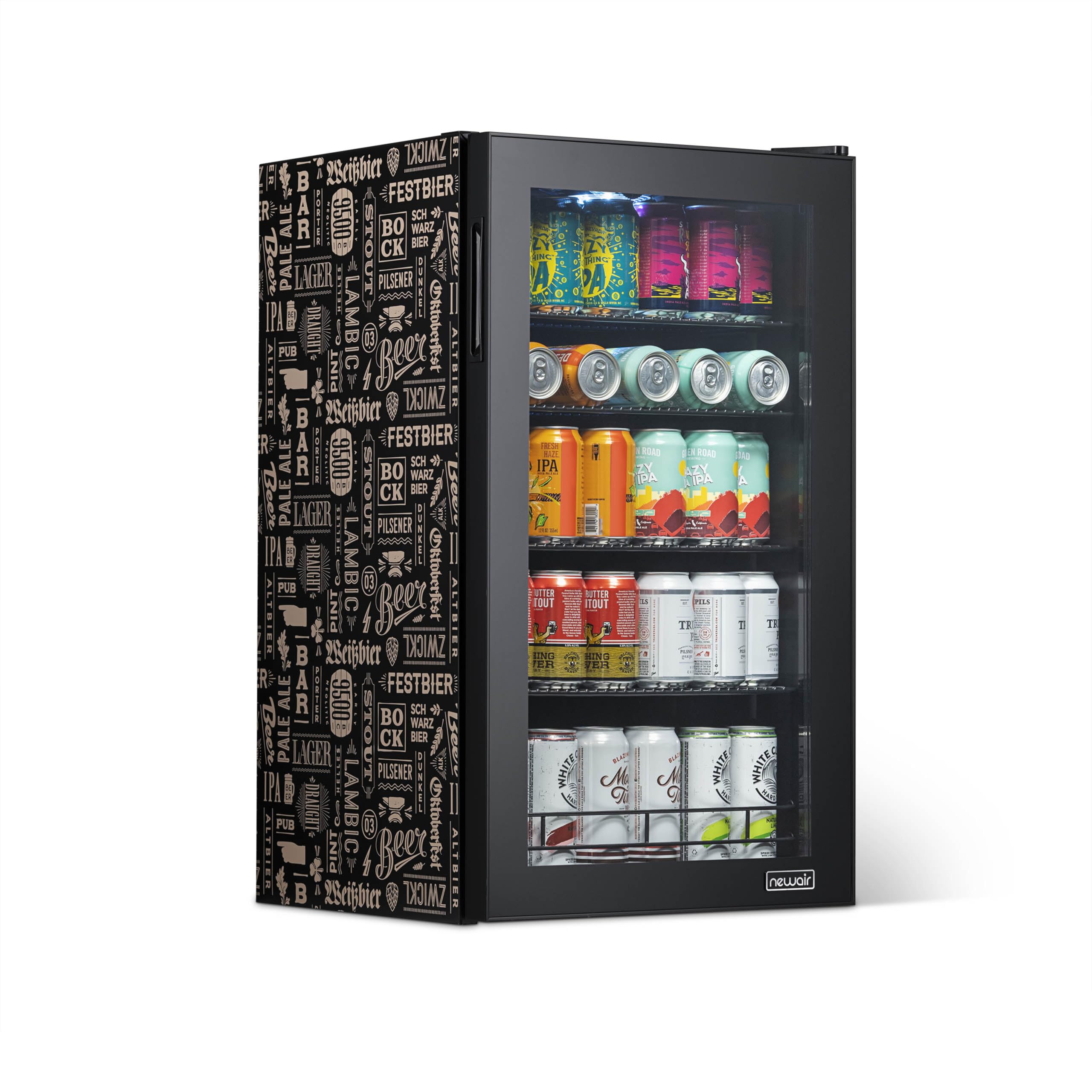 NewAir 126 Can Beverage Refrigerator | Freestanding Mini Fridge for Home Bar or Office | SplitShelf Storage, 32°F Cooling & LED Lighting | “Beers of the World” Design | Fridge.com