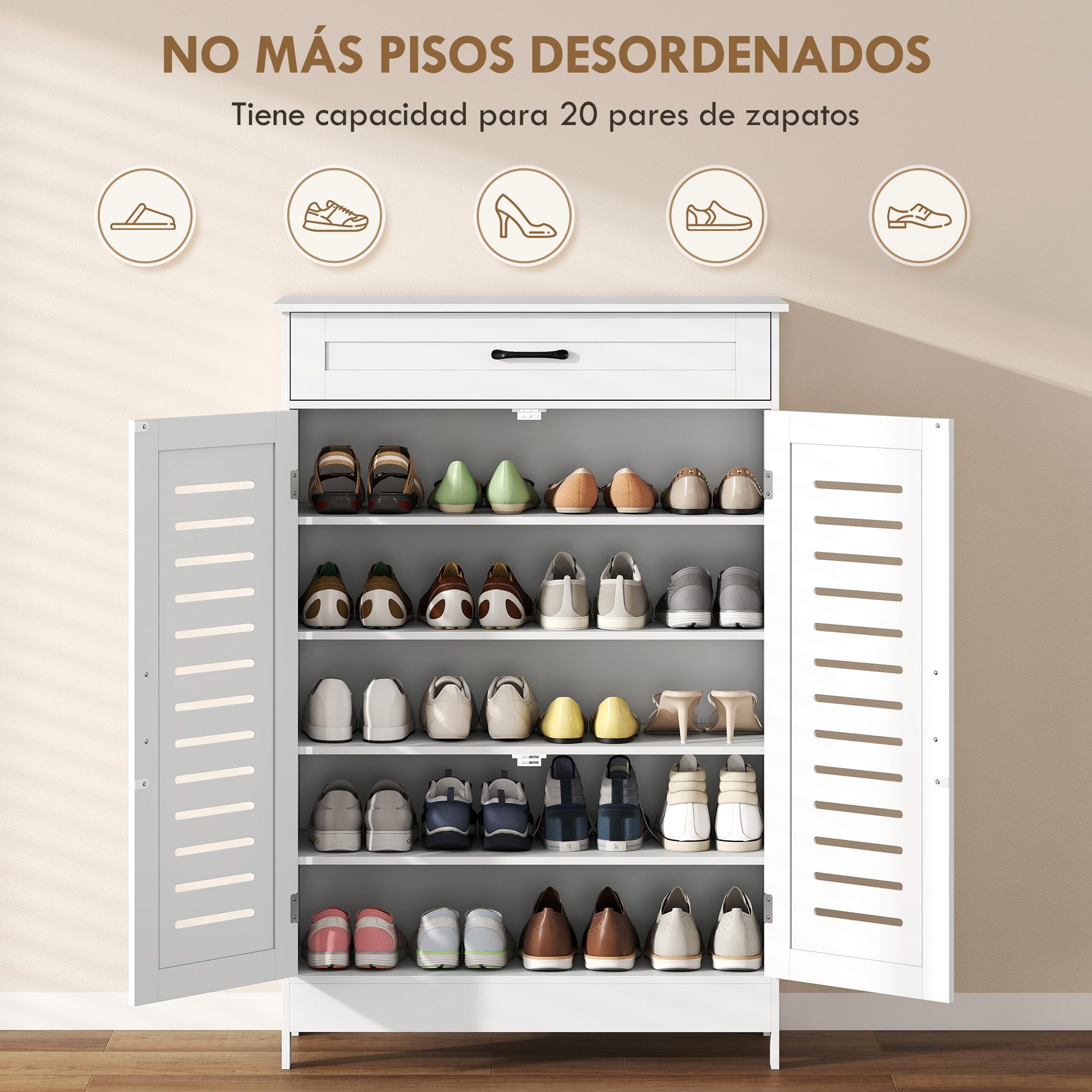 HOMCOM Mueble Zapatero de 5 Niveles con Cajón 78x37x115,8 cm Blanco | Armario para Zapatos, Puertas de Rejilla, Estantes Ajustables, para 20 Pares de Zapatos, para Pasillo Recibidor