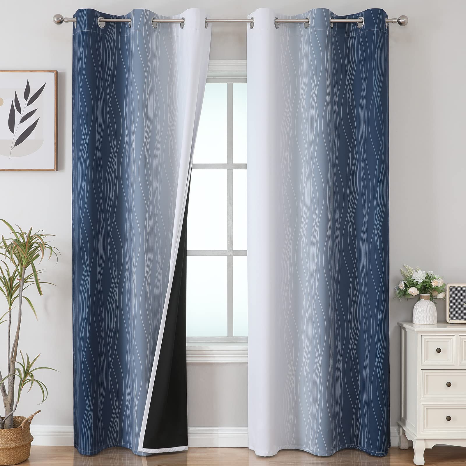 Estelar Textiler Navy Blue and Greyish White Blackout Curtains 84 Inches Long, Full Room Darkening Grommet Curtains for Bedroom,Thermal Insulated