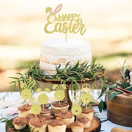 Miniatura 6 de Ercadio Paquete de 25 adornos para cupcakes con diseño de conejito con decoración de pastel de Pascua, orejas de conejo con purpurina, suministros