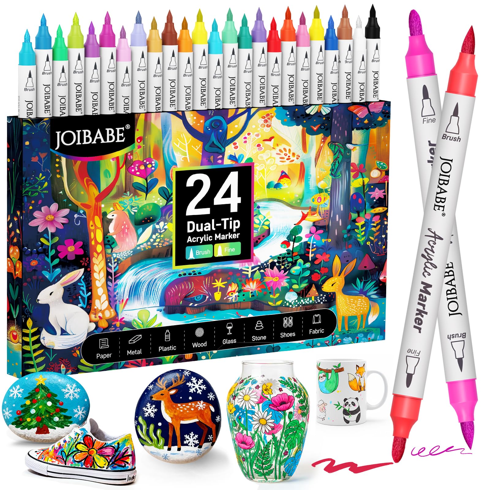 joibabe 24 Farben Acrylmarker Doppelspitze - Pinsel- & Feine Spitze, Wasserfeste Permanent Acrylstifte für Steinmalerei, Glas, Holz, Stoff, Papier, DIY Handwerk, Malerei, Scrapbooking