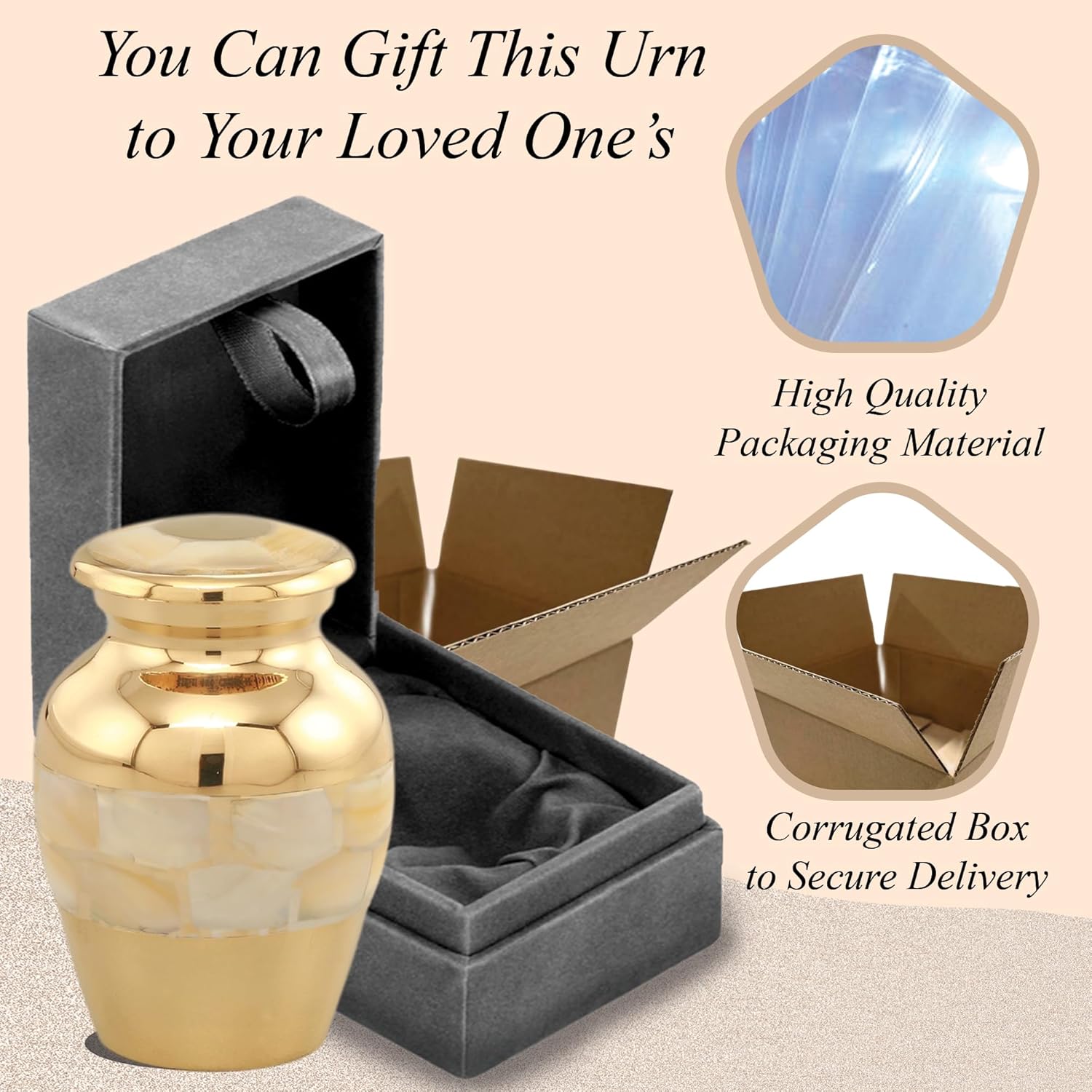 Forever URNS - Mini Urn for Ashes Adult Male & Female | Memorial Gifts, Ashes Keepsake l Brass Metal with Classic MOP Theme | Velvet Protection Box | Handcrafted Memorial Box for Funeral, 3 cu in