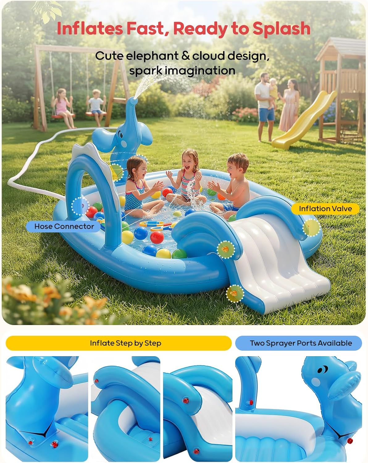QPAU Elephant Kids Pool with Slide and Sprinkler, Inflatable Play Center with 4 Rings, 72 × 64 × 37 in, Fast Inflation Kiddie Pool for Garden & Backyard, Birthday Gift for Ages 1+ (Blue)