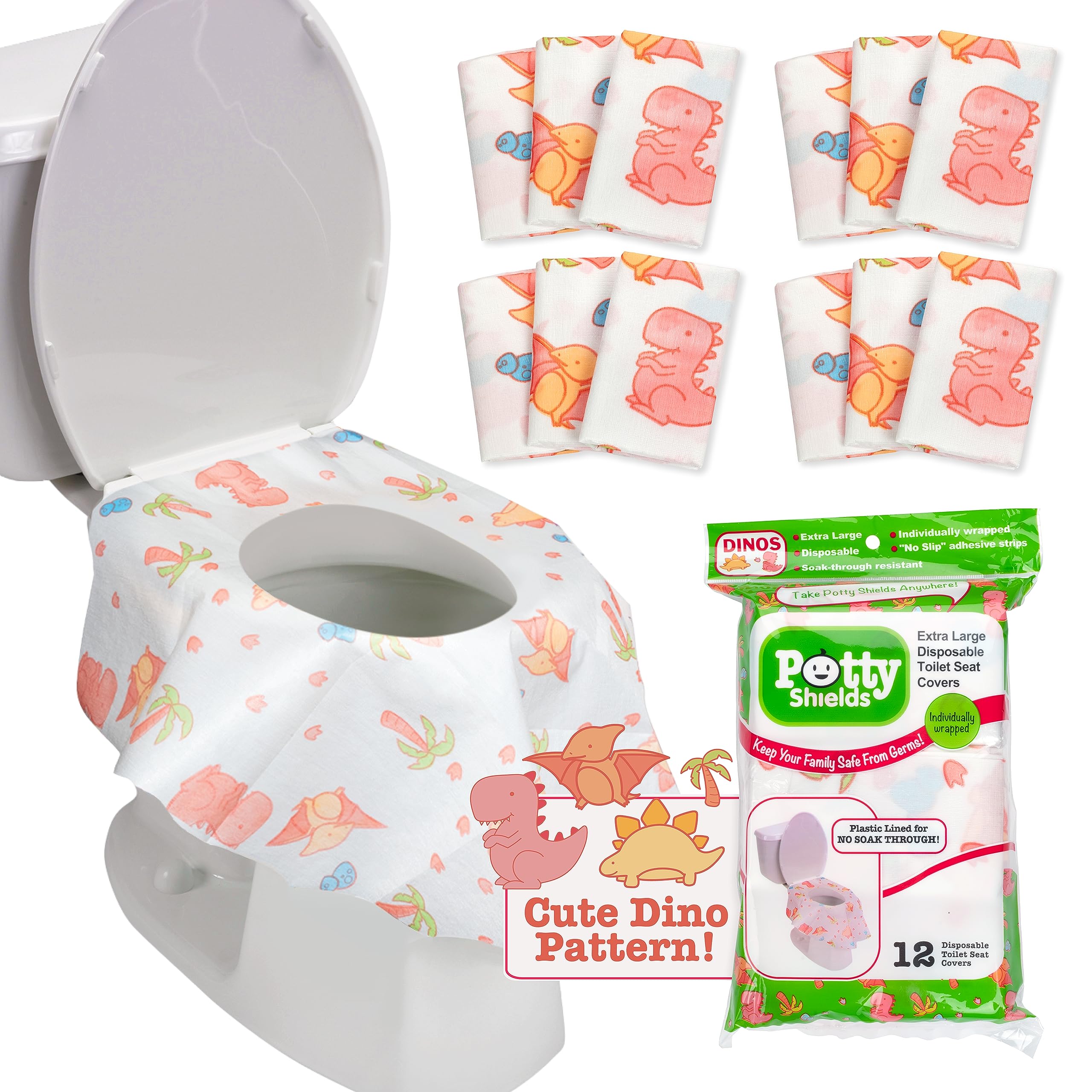 Potty Shields Toilet Seat Covers Disposable (12 pk, Dinosaurs) - XL Waterproof Toilet Cover for Toddlers, Kids & Adults - Portable & Individually