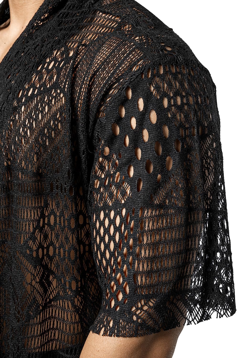 JOGAL Mens Mesh Fishnet See Through Cardigan Ruffle Shawl Collar Open Front Top - Image 6