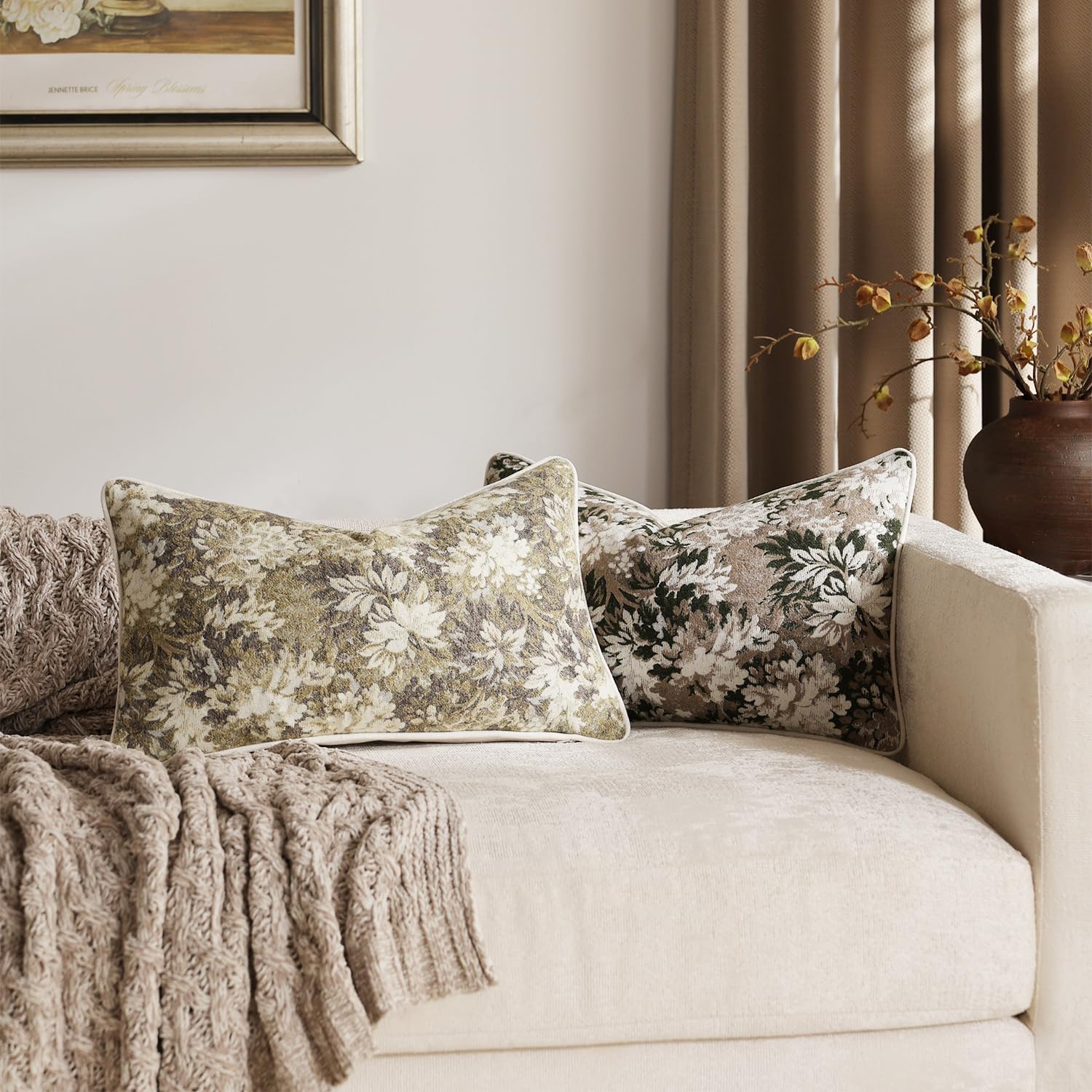 Pack of 2 Vintage Floral Pillow Covers 12x20 Boho Farmhouse Accents Chenille Rectangular Lumbar Decorative Throw Pillow Cases for Living Room Couch Bed Home Decor, Beige - Image 4