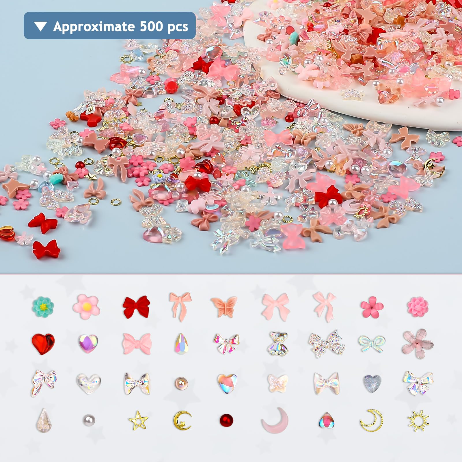 Bewudy Zestaw 500 sztuk ozdób do paznokci, dekoracja 3D, sztuczna żywica, śliczne akcesoria do manicure, kwiaty, kokardki, serca, do dekoracji paznokci, DIY (różowe), 560715_2_7ZHX175TZ
