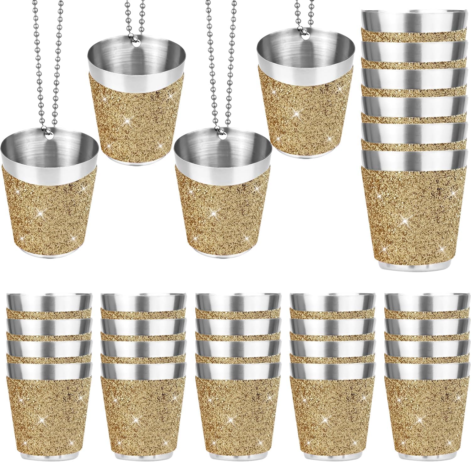 Stainless Steel Shot Glass Necklaces 1 oz/30 ml Bling Bling Shot Glasses with Chains Mini Shot Glass Cups for Wedding Dance Party Christmas Carnival Wine Tasting Party (Gold, 30 Pcs)