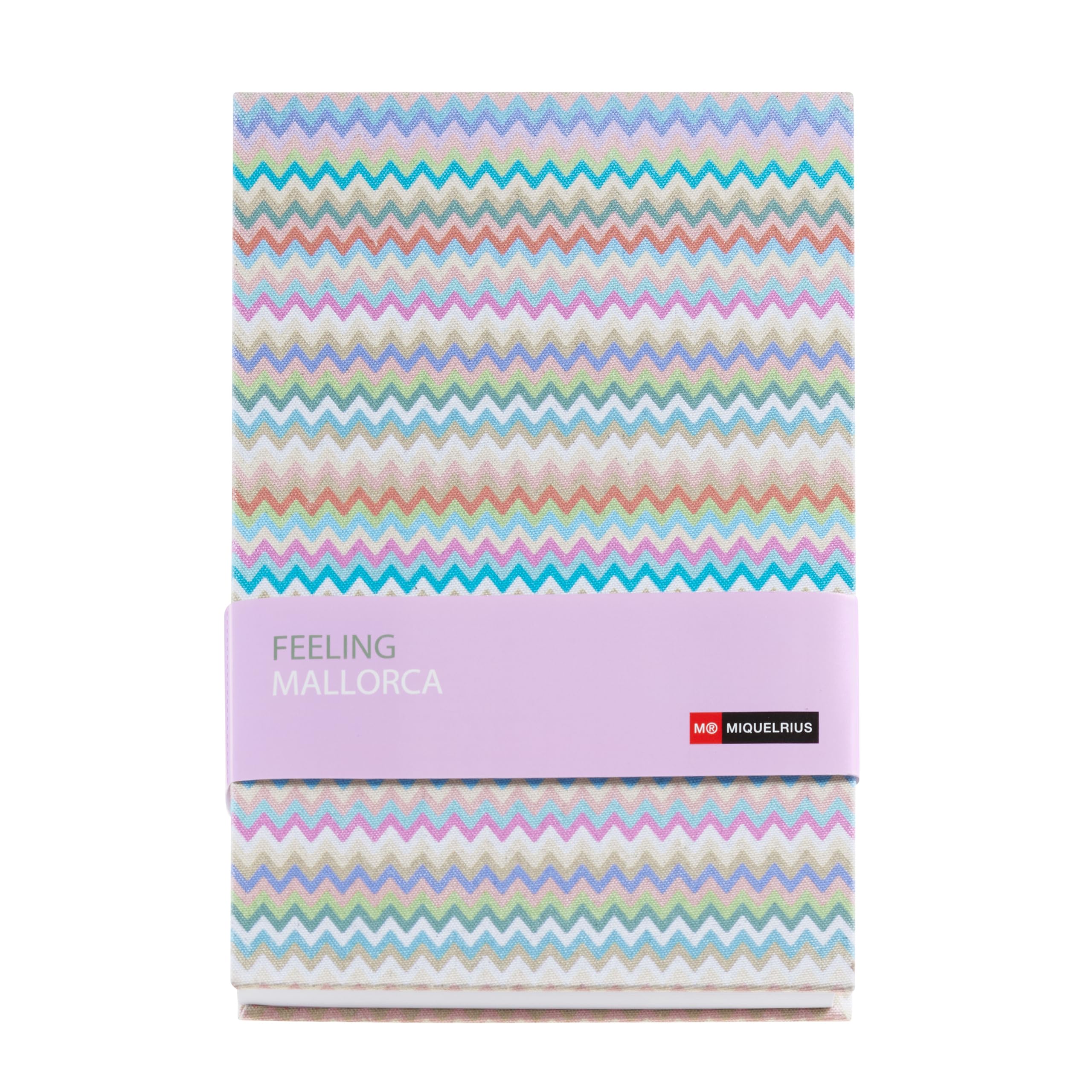 Miquelrius - A5 notebook (146 x 214 mm), white dotted interior, 80 sheets of 100 g/m², cardboard cover lined with fabric, Spine view, Feeling Mallorca collection, Zigzag