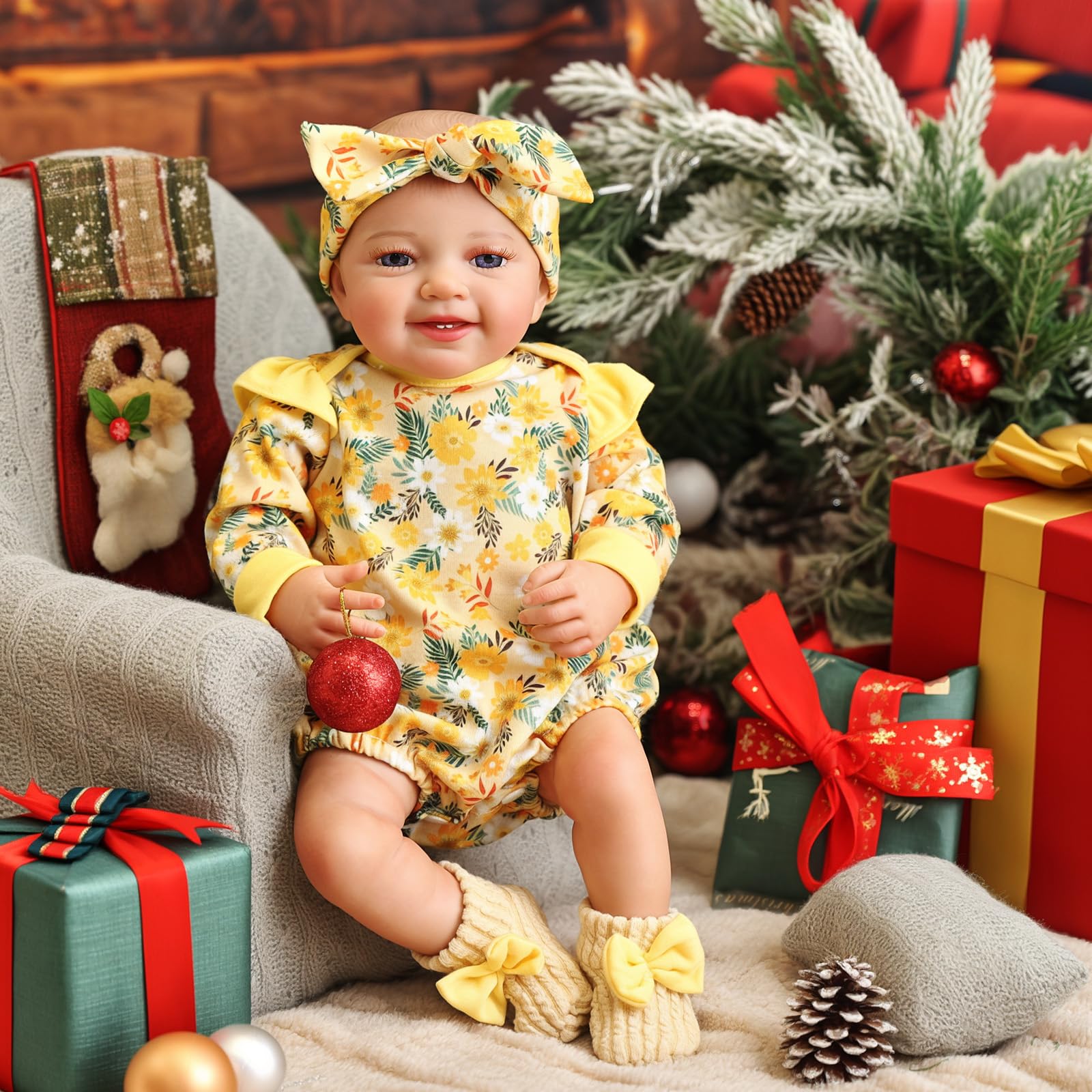 BABESIDE 3 Pcs Reborn Baby Doll Clothes for 17-22 Inch Babydolls, Floral Pattern Doll Clothes Onesies with Shoes and Headband for Lifelike Reborn Baby Dolls Accessories, Yellow