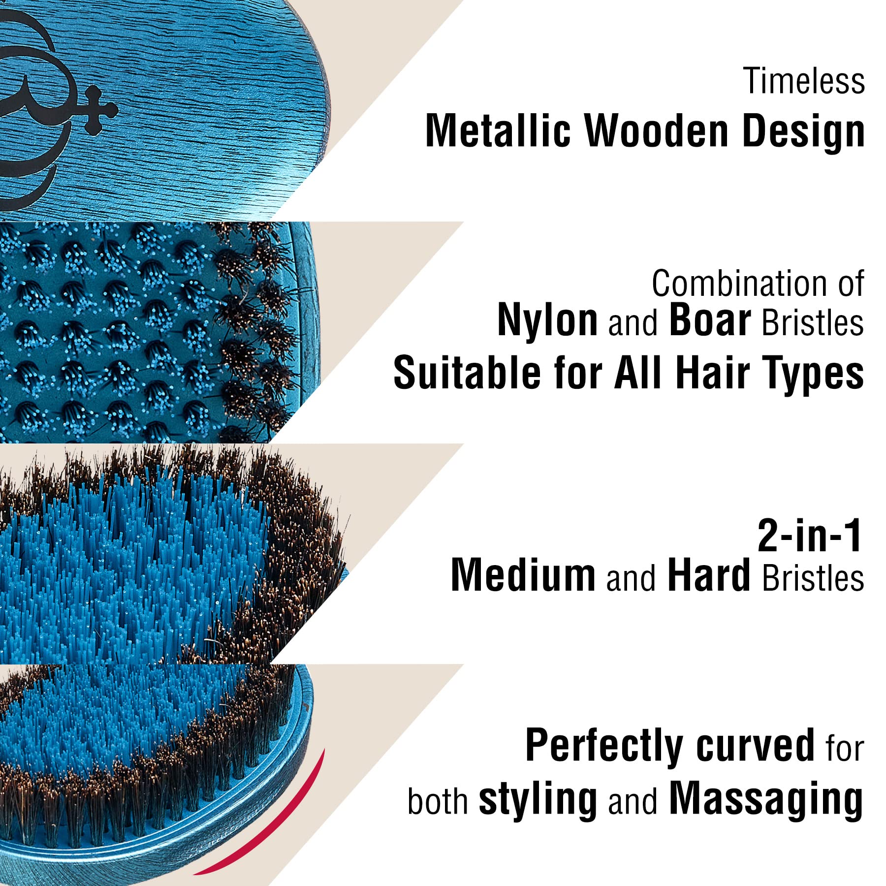RED - Cepillo de cerdas de jabalí prémium con estuche de bolsillo, herramienta ondulada Wow 360 Wave para hombres, curvo duro (azul)