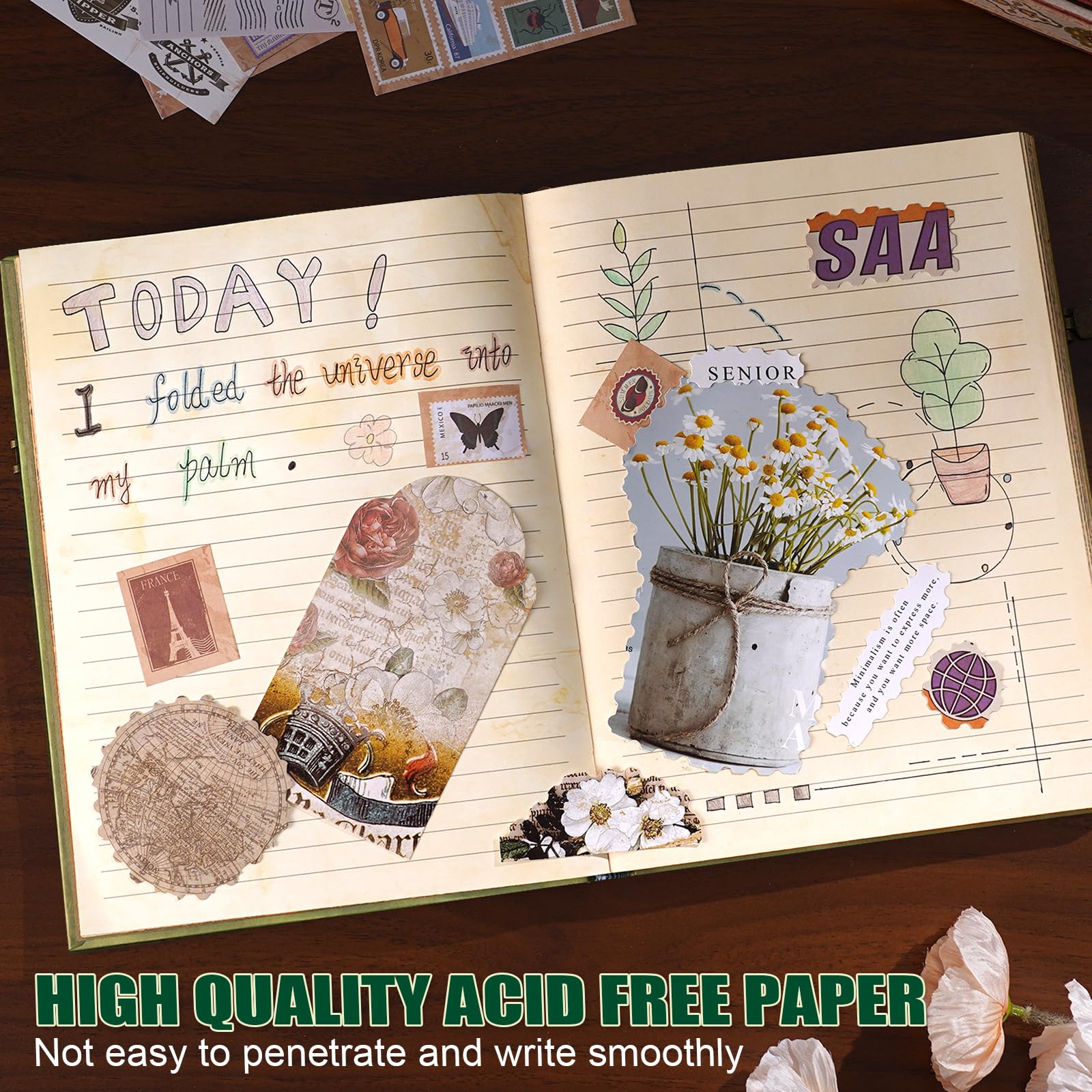Diario de tapa dura con cubierta de ensueño dorado en 3D, 96 hojas/192 páginas, diario con forro vintage, viene con bolsillo de sobre, adecuado como cuaderno, diario de viaje o aniversario de boda