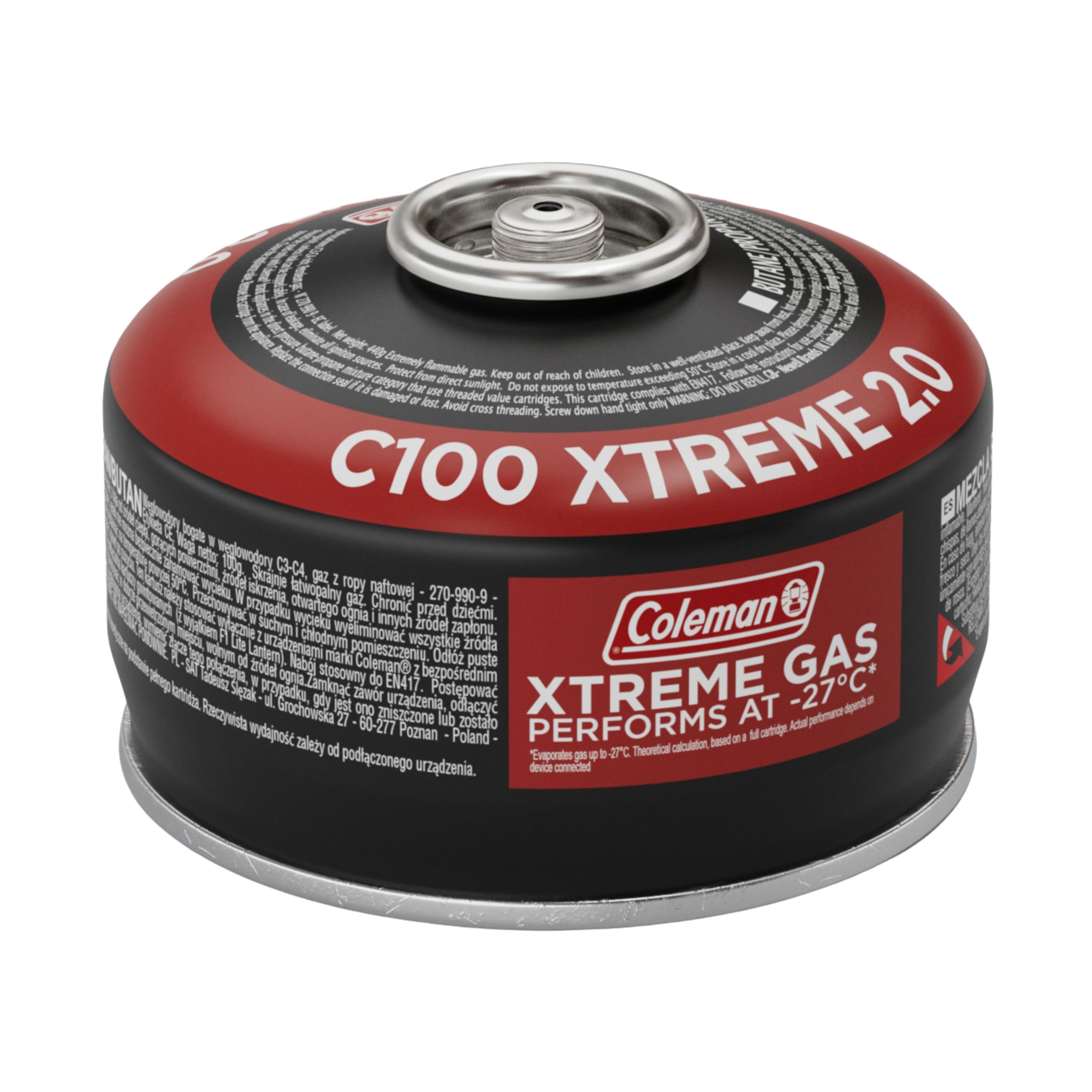 Coleman C100 Xtreme Gas Cartridge | Works down to -27°C | Self-Sealing Cartridge for all Gas Stoves | With Safety Valve | Compact Resealable Canister | Ideal for Backpacking & Camping