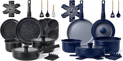 Ammeloo 21-Piece Ceramic Pots and Pans Set with Egg Frying Pan & 18-Piece Ceramic Pots and Pans Set