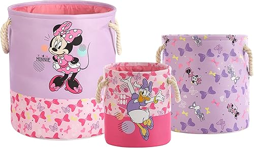 Disney Minnie Mouse - Juego de 3 cestas de almacenamiento de juguetes de tela de varios tamaños, con asas de transporte de cuerda