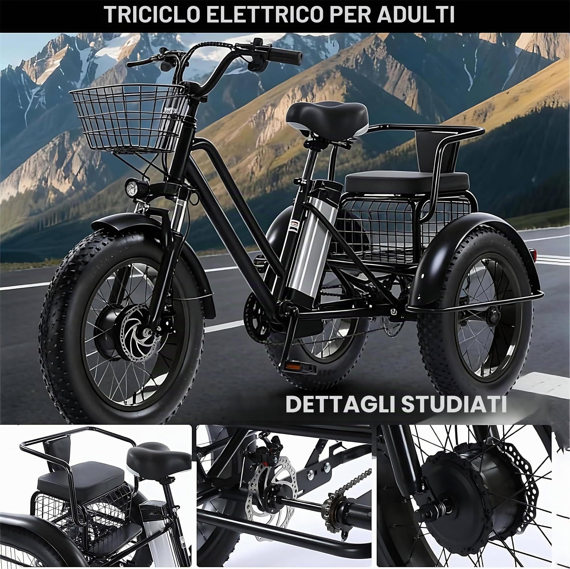 Triciclo Elettrico per Adulti,con Pneumatici Fat Tire Off-Road da 20" x 4.0,Cestino per la Spesa e Sedile Posteriore,Batteria Rimovibile da 48V/12Ah,Portata 200 kg,Ideale per Spesa,Picnic e Spiaggia