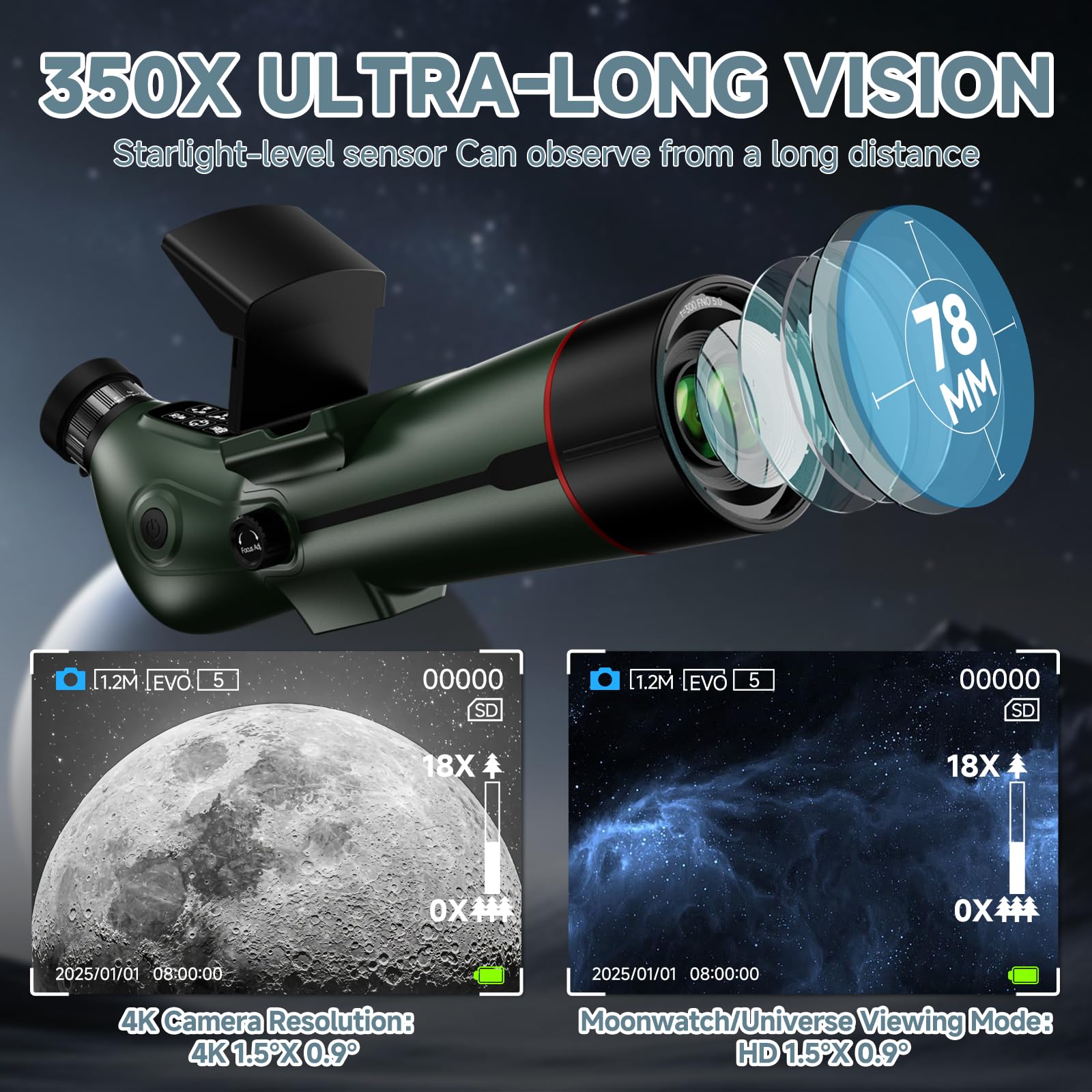 Telescopio, refractor profesional, enfoque automático, telescopios electrónicos digitales portátiles con cámara de astrofotografía 4K, pantalla dual interna y externa para adultos y principiantes