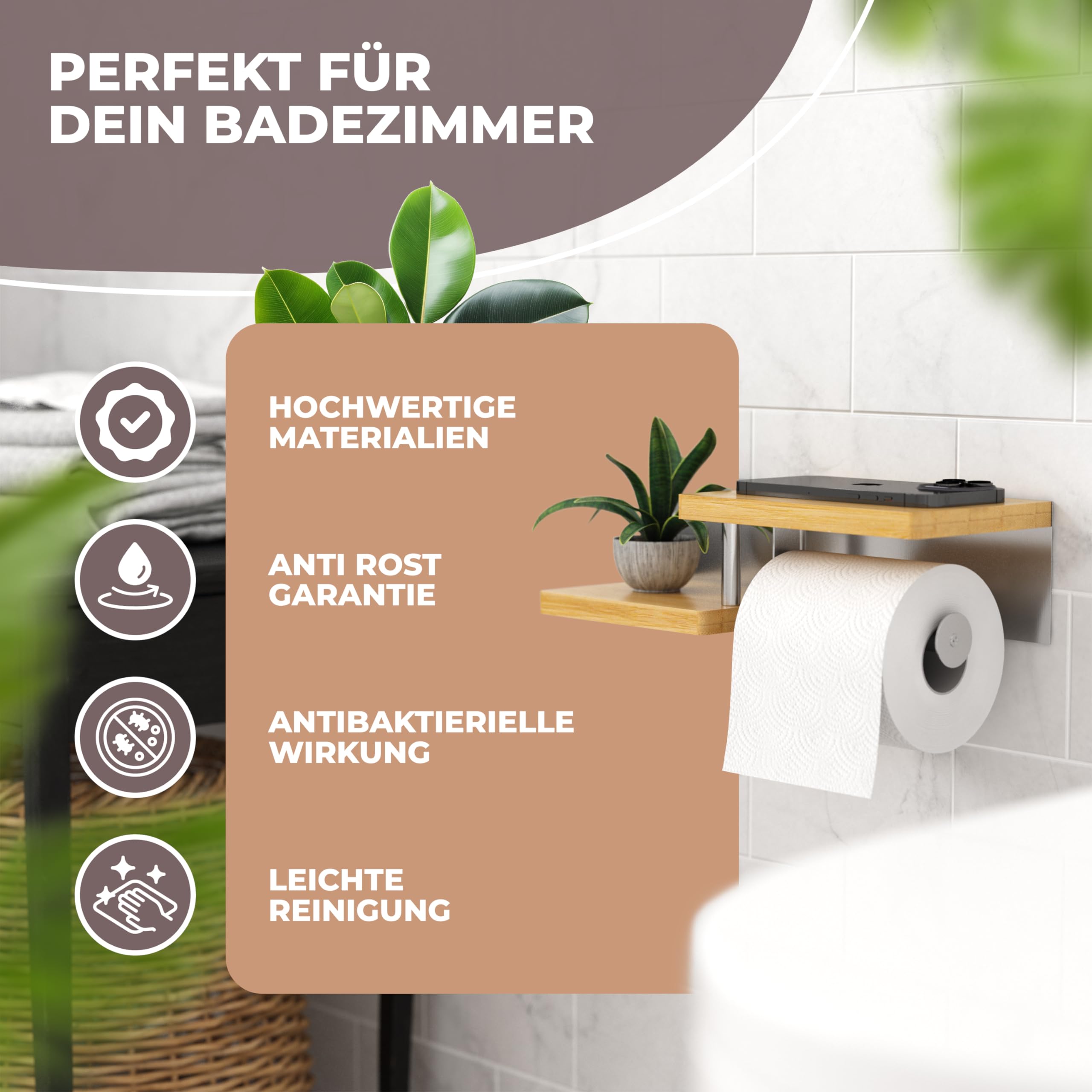 ElbFuchs® Toilettenpapierhalter Holz Bambus [KLEBEN oder Bohren] | hochwertiger Klopapierhalter ohne Bohren mit Ablage | Edelstahl | Klorollenhalter | WC Rollenhalter