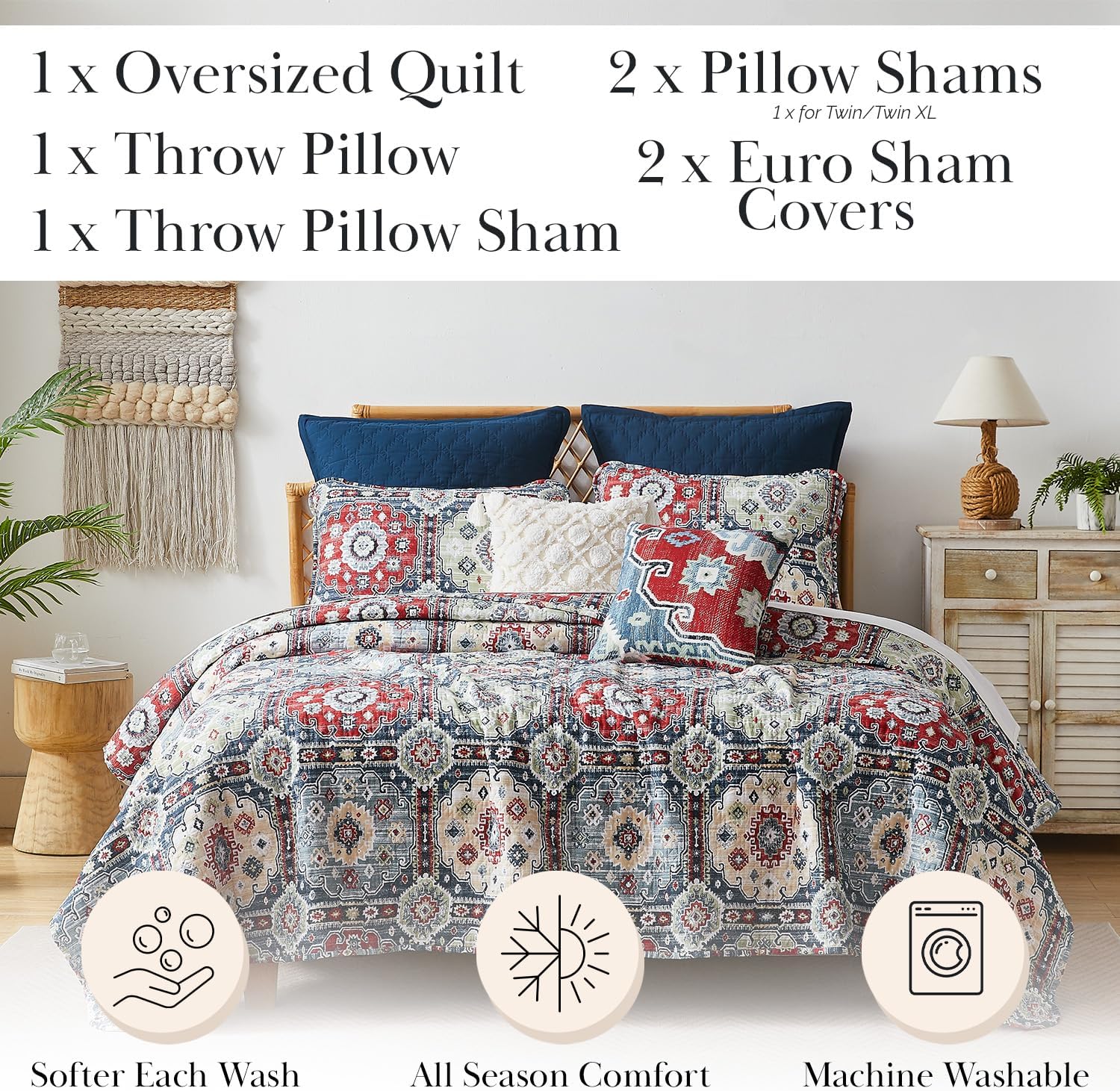 Southshore Fine Living, Inc. Queen/Full Quilt Bedding Set, 7-Pieces with 2 Pillow Shams, 2 Euro Shams, Throw Pillow & Throw Cover, Boho Bedding Set, Queen/Full Size, Kilim Blue & Red - Image 2