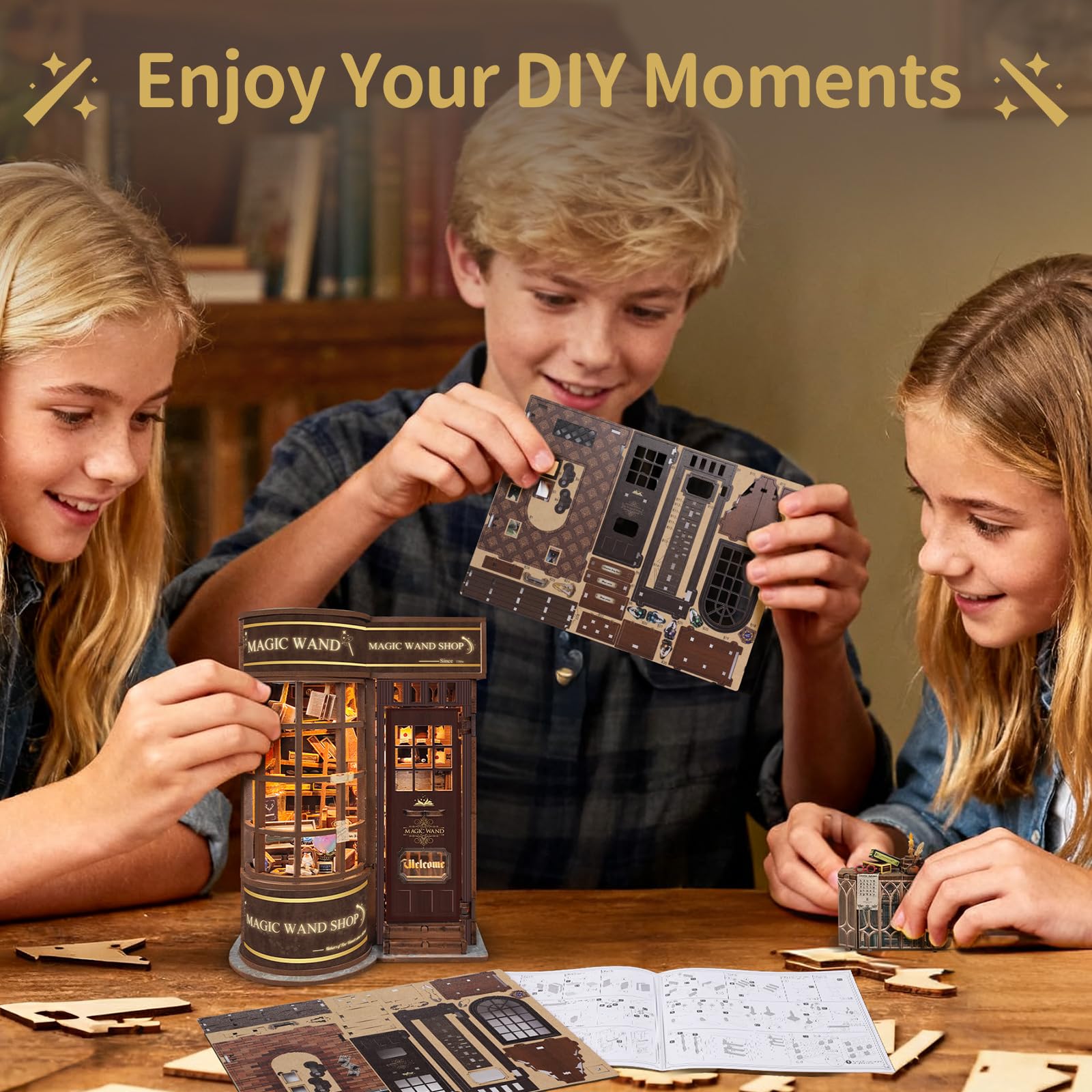 BELEEV Book Nook Kit, DIY Miniatur Puppenhaus Häuser Kit mit LED Licht, 3D Puzzle für Teenager Jugendliche Erwachsene, Bücherregal Dekoration, Geschenke Mädchen Puzzle-Liebhaber, Zauberstabladen
