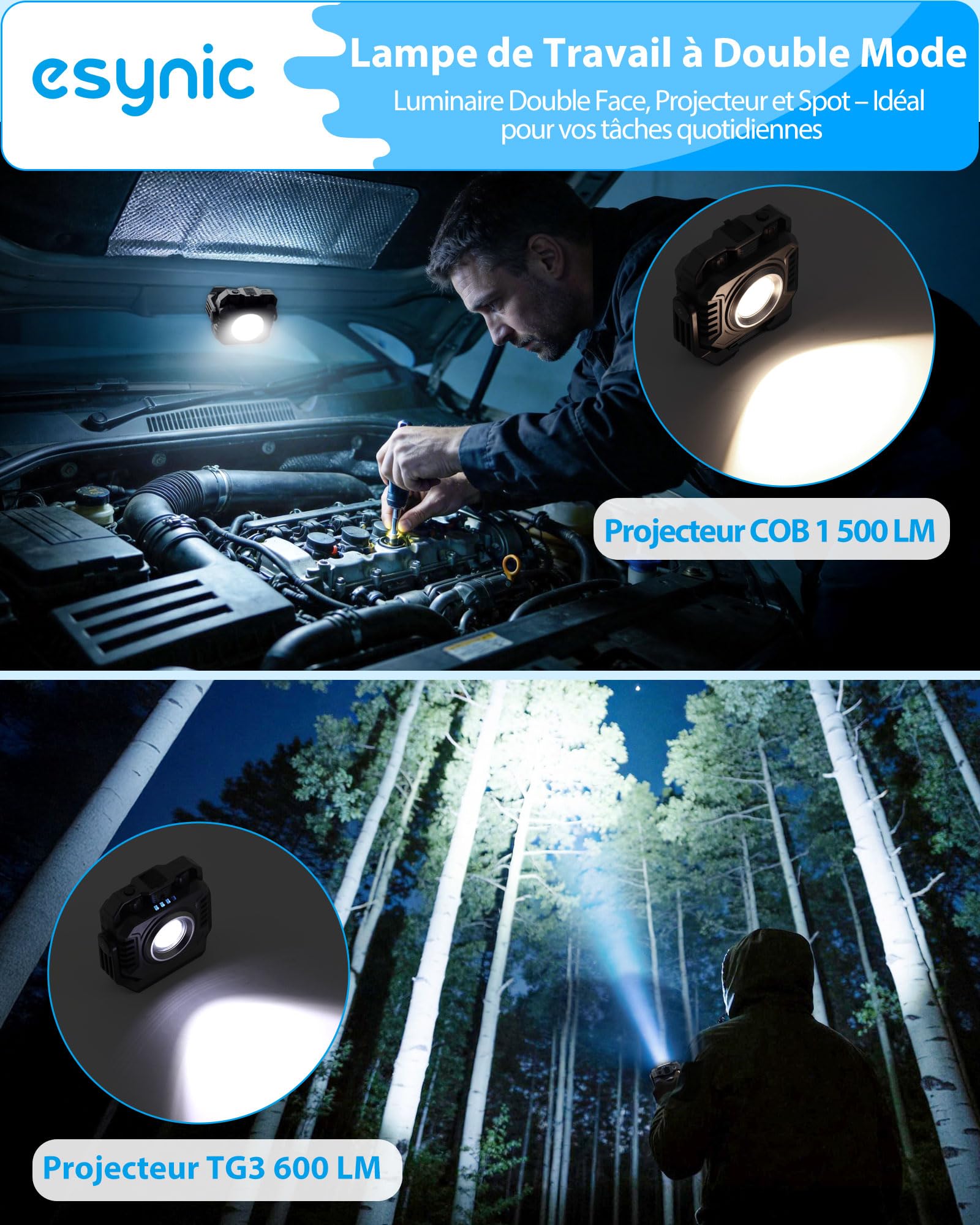 eSynic 2pcs Lampes de Travail LED Portable Rechargeable 5000mAh Lampe de Chantier Projecteur 1500LM et Lampe Torche 600LM Base Magnétique Support à 360° 2700-8000K Étanche IP65 pour Réparation Camping