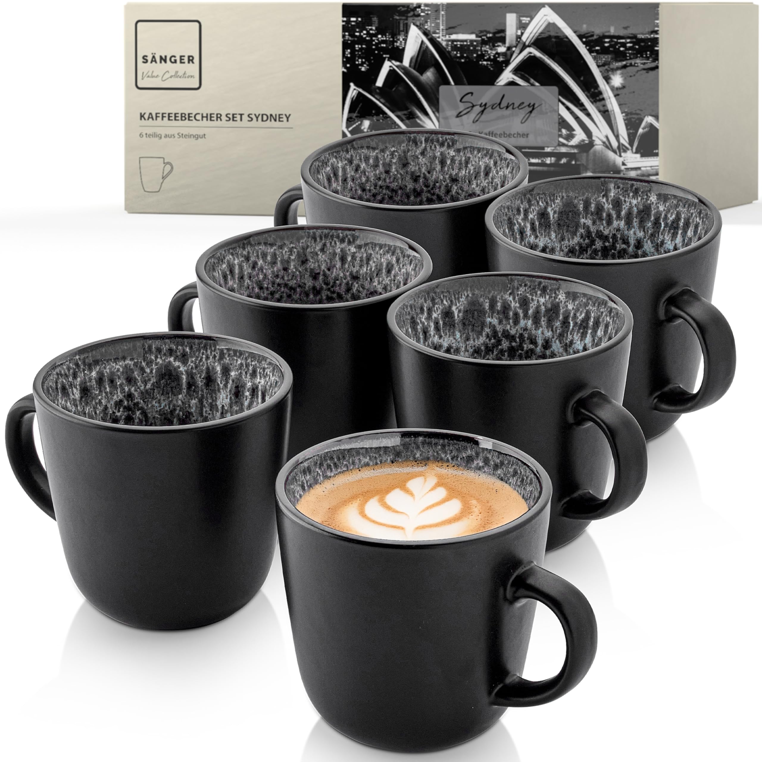 SÄNGER Sydney | Kaffeebecher 6 Personen, Steingut Kaffeetassen Set 6er, Tassen Set Teetasse spülmaschinenfest mikrowellenfest, Coffee Mug multifunktional dunkel grau 430 ml | VALUE COLLECTION