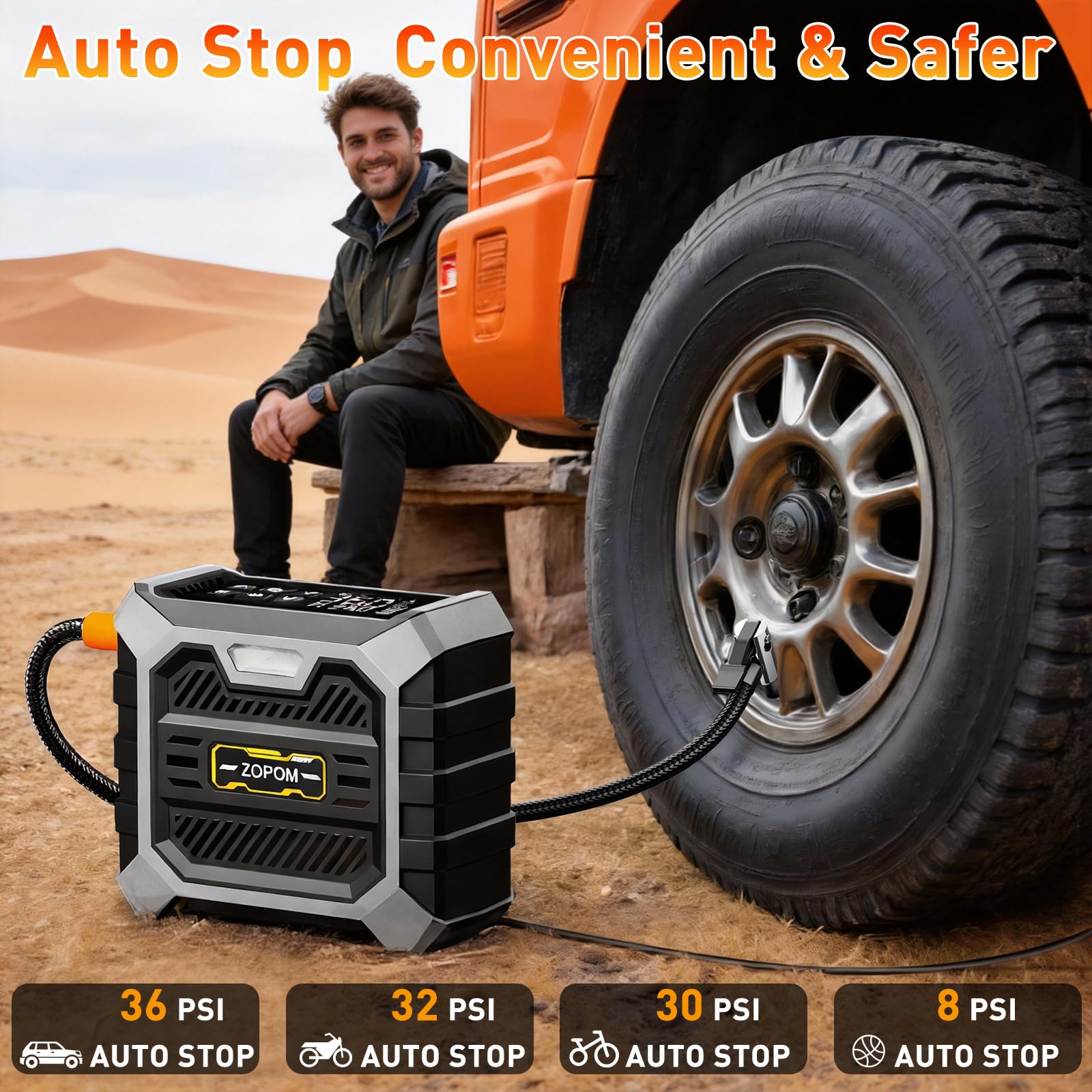 ZOPOM Tire Inflator Portable Air Compressor, 12V DC Car Air Pump with Auto Shut-Off & Digital Pressure Gauge, 100 PSI Corded Inflator for Car, Motorcycle, Bicycle & Sports Balls, LED Light — view 3