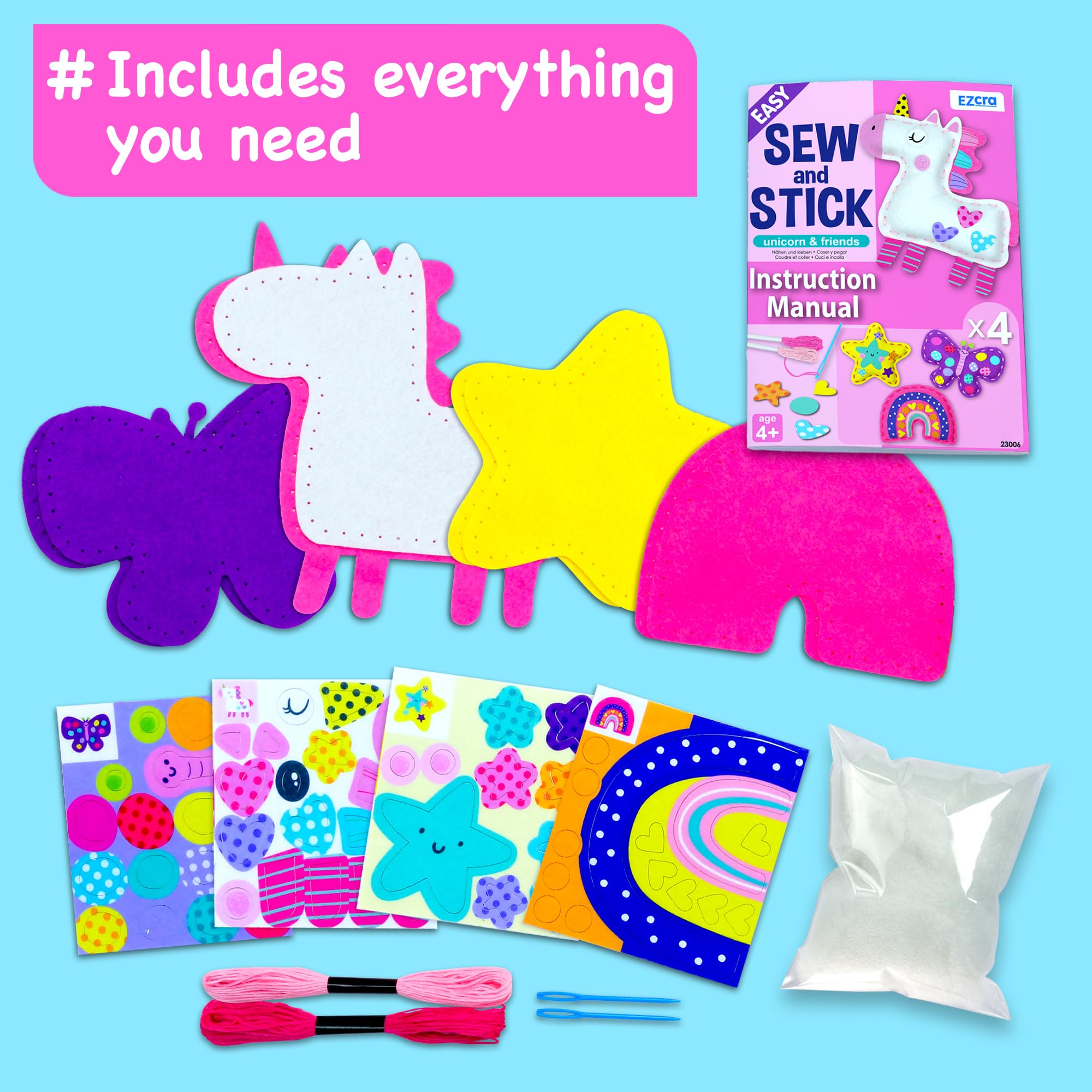 EZCRA Kit Cucito Per Bambini - 8 Progetti Animali (Unicorno, Coniglietto) Con Adesivi In Tessuto - Aghi Di Plastica Jumbo E Forbici Sicure - Ideale 4-8 Anni, Regalo Creativo - 3