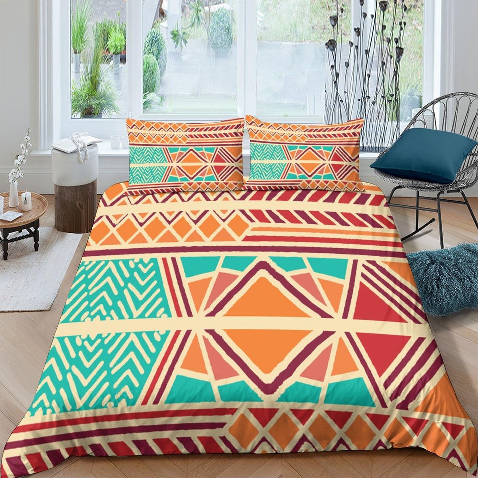 Ctjqhvkz Style-6 3D Printed Geometric Tribal Fitted Sheet Microfiber Soft Orange Teal Mattress Cover For Bedroom Dorm Decor Single（135X200cm）