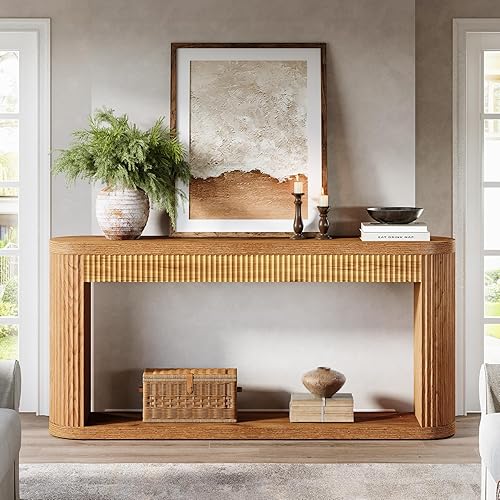Miniatura 4 de Tribesigns Mesa consola acanalada de 63 pulgadas para entrada, mesa de sofá de madera estrecha detrás del sofá para entrada, pasillo, vestíbulo,