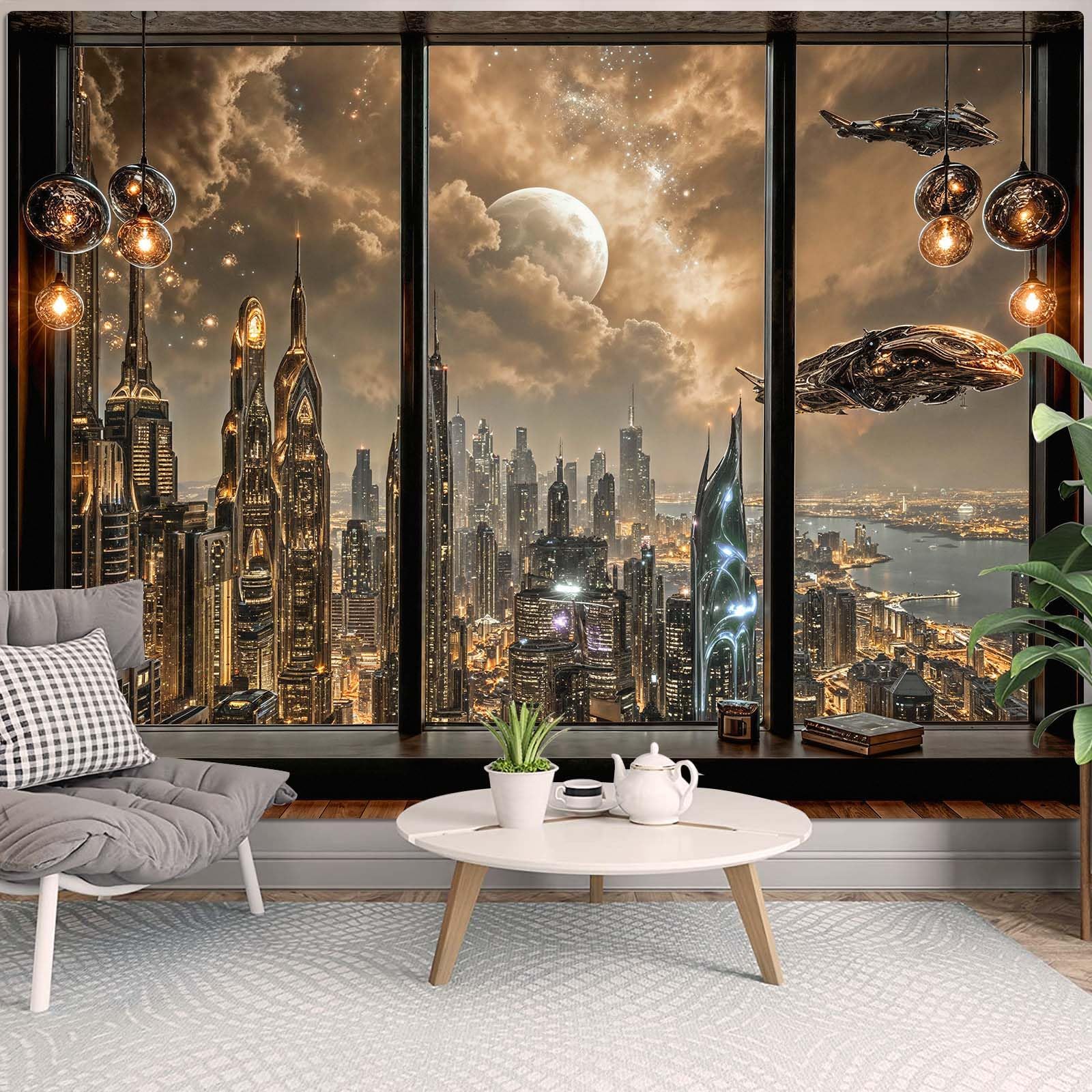 Lifeel Cyberpunk City Tapestry, Future Skyline Aesthetic Window Tapestries for Home Decor Game Room Bedroom Living Room, 36x48 inches