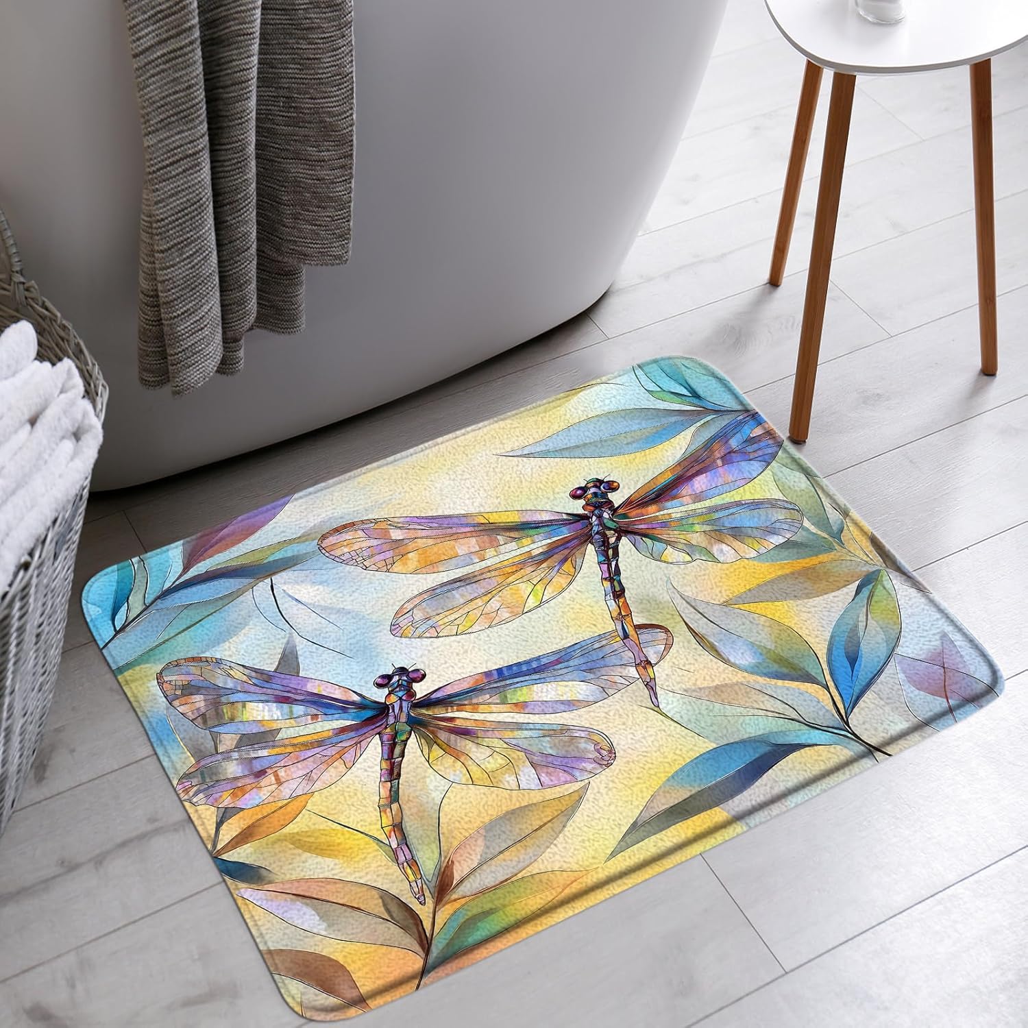 AMFD Dragonfly Bath Mat Abstract Stained Glass Floral Leaves Art Nature Spring Summer Modern Bathroom Bathtub Floor Rugs Doormat Toilet Decor,24 x 70 in