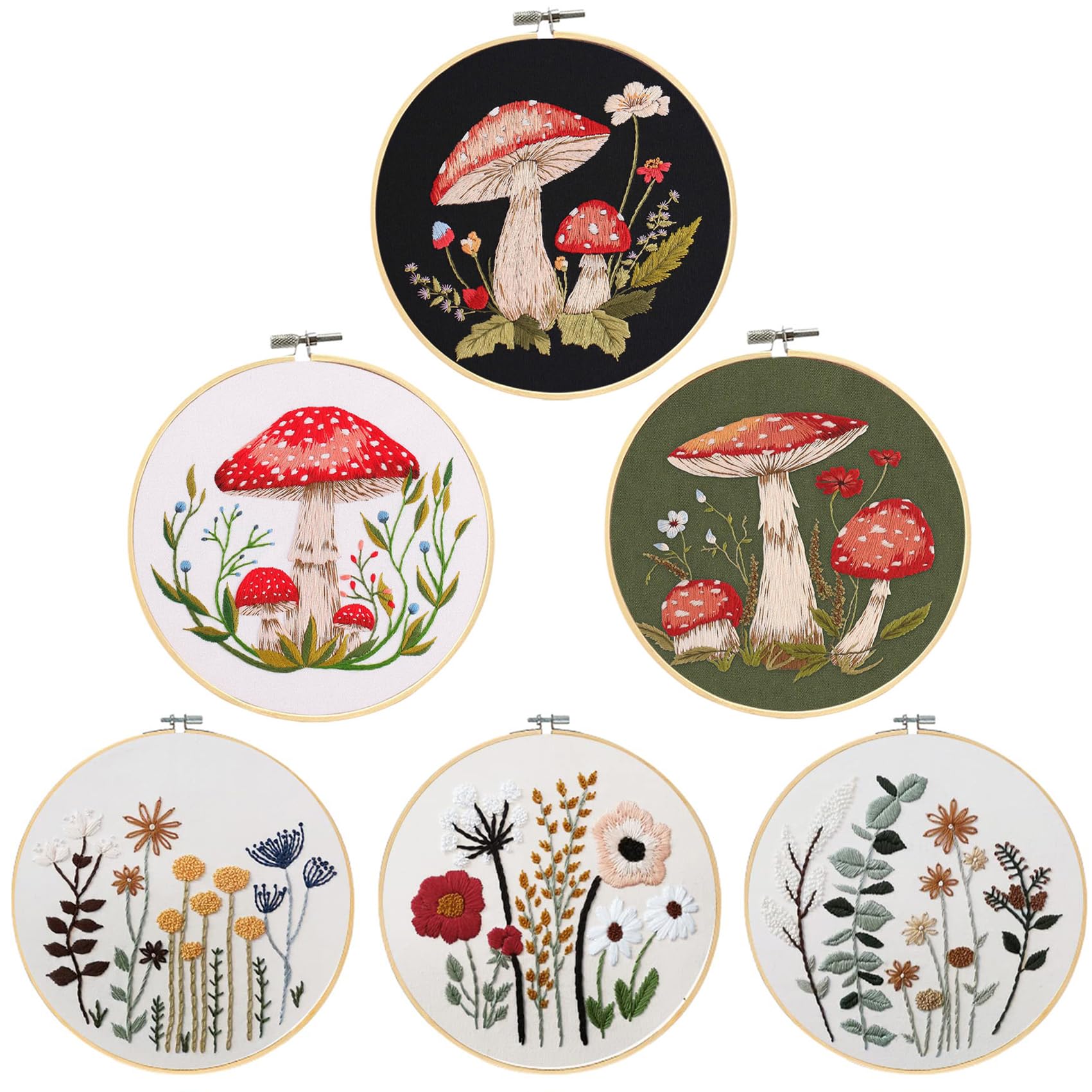 Santune 6 Sets Embroidery Kit,Cross Stitch Kits for Beginners,Needlepoint Kits for Adults Starter Easy Stamped Floral Pattern Fabric Hand Crafts,Hoops,Needle,Women DIY Hanging Plants,Sewing Hobby