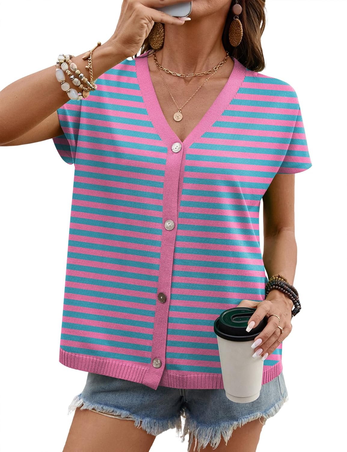 LOMON Oversided Cardigan Sweaters for Women Short Cap Sleeve V-Neck Casual Button Lightweight Knitted Trendy Sweater S-XL - Image 2