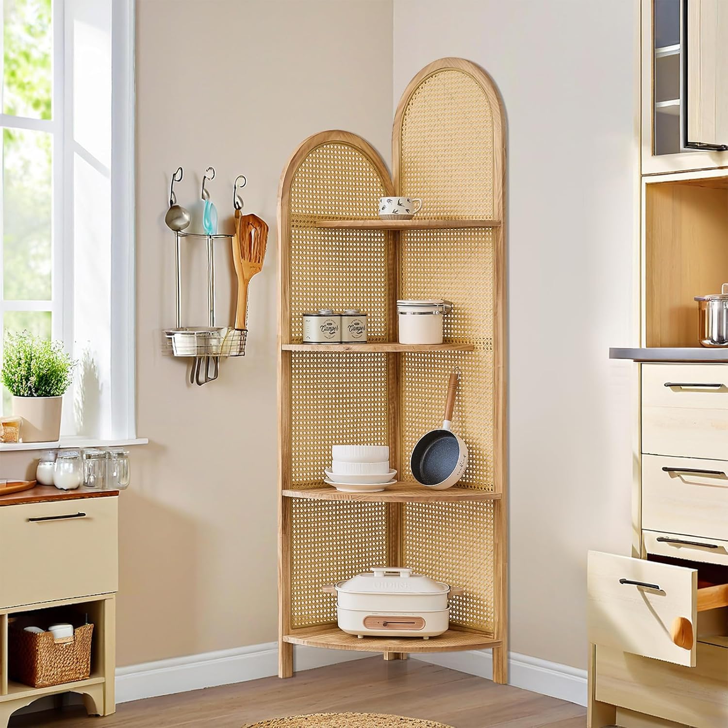 4 Tier Corner Shelf, Pine Rattan Corner Bookshelf with Legs, 5.6 Feet Tall Corner Shelf, Minimalist Corner Shelves, Corner Shelves for Living Room, Bedroom, Bathroom, Lightly Brown