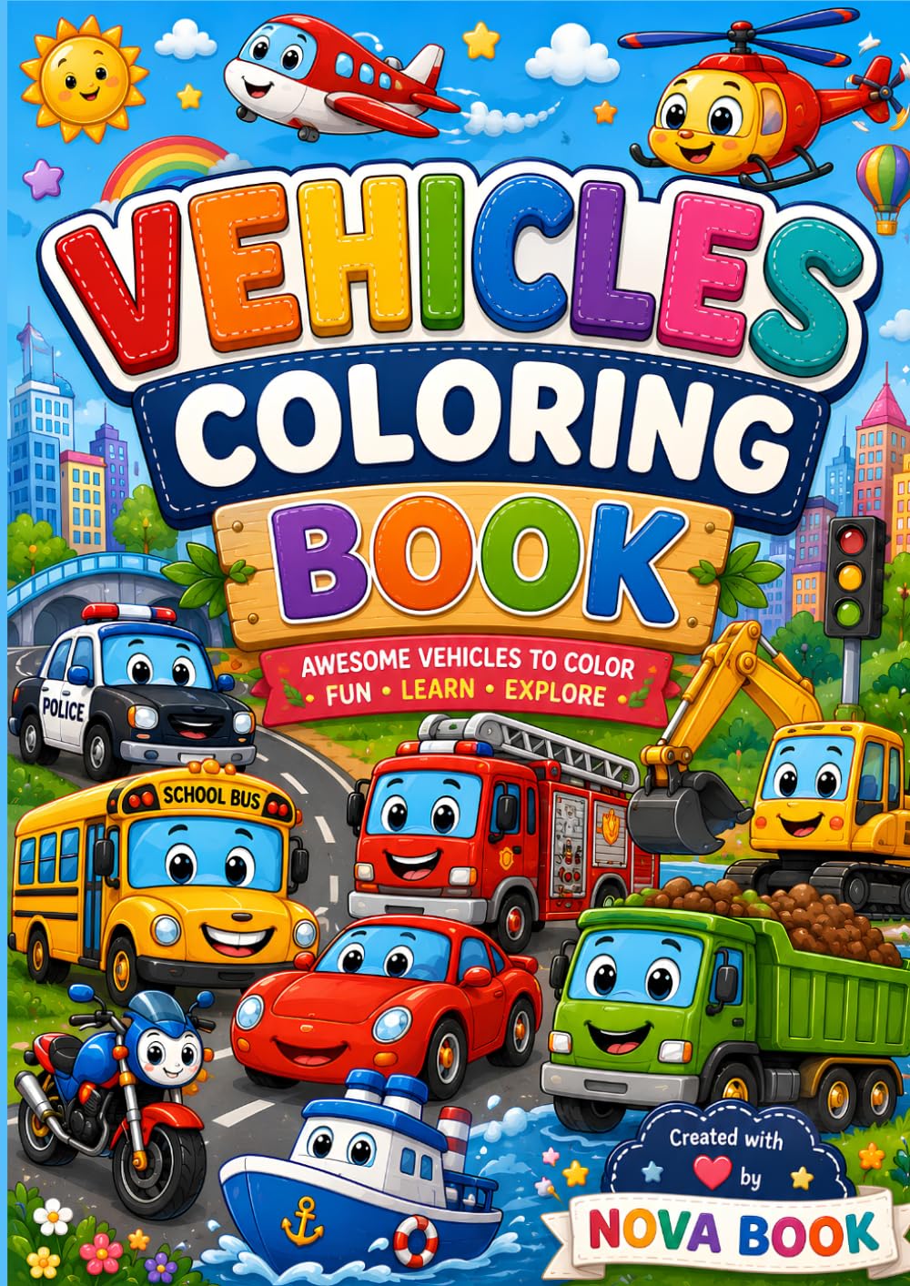 Vehicles Coloring Book: Fun Cars, Trucks, Tractors, Construction Vehicles, Airplanes & More for Boys