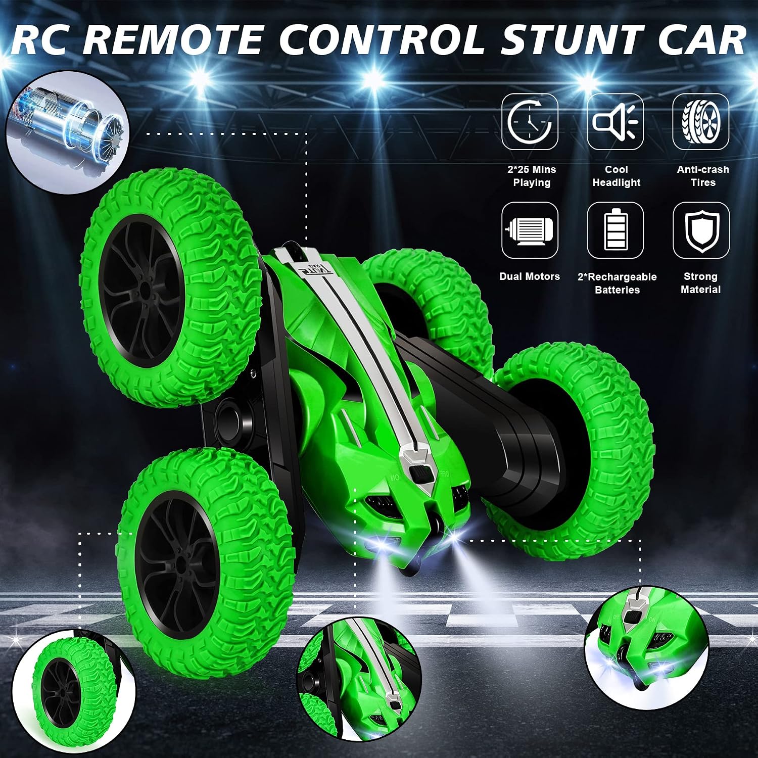 IVGUI Kids Remote Control Car for Boys 8-12 & age 4-7, Indoor & Outdoor RC Cars Toys, Double-Sided Flip & 360° Rotating RC Car, 4WD 2.4Ghz RC Stunt Car with Headlights, 2 Rechargeable batteries, Green