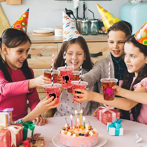Miniatura 7 de Whaline 50 vasos de plástico desechables para niñas con tapas y pajitas de 12 onzas con temática de princesa negra y rosa para fiestas temáticas de