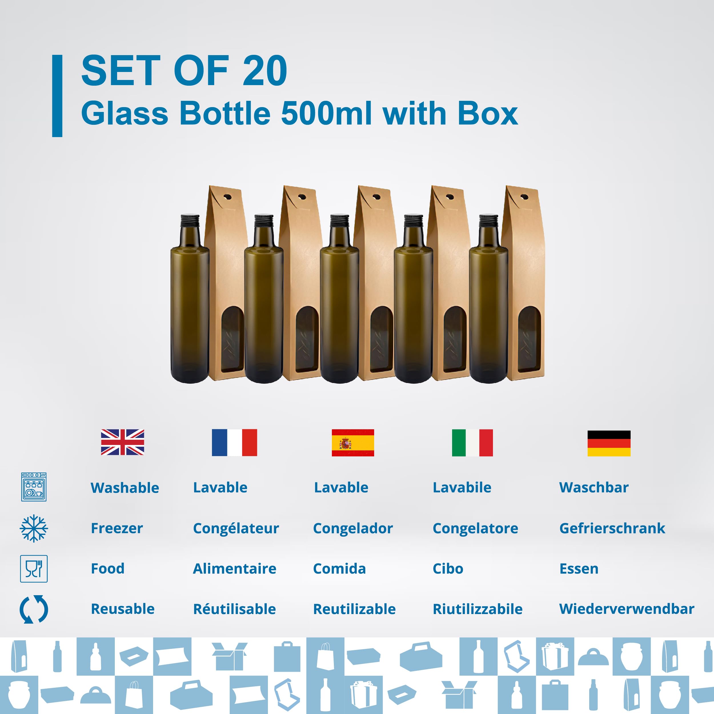 Espirito Rebelde 20 bottiglie in vetro scuro da 500 ml con tappo a vite nero + 20 scatole, olio di oliva, aceto, alcool, salse, oliera