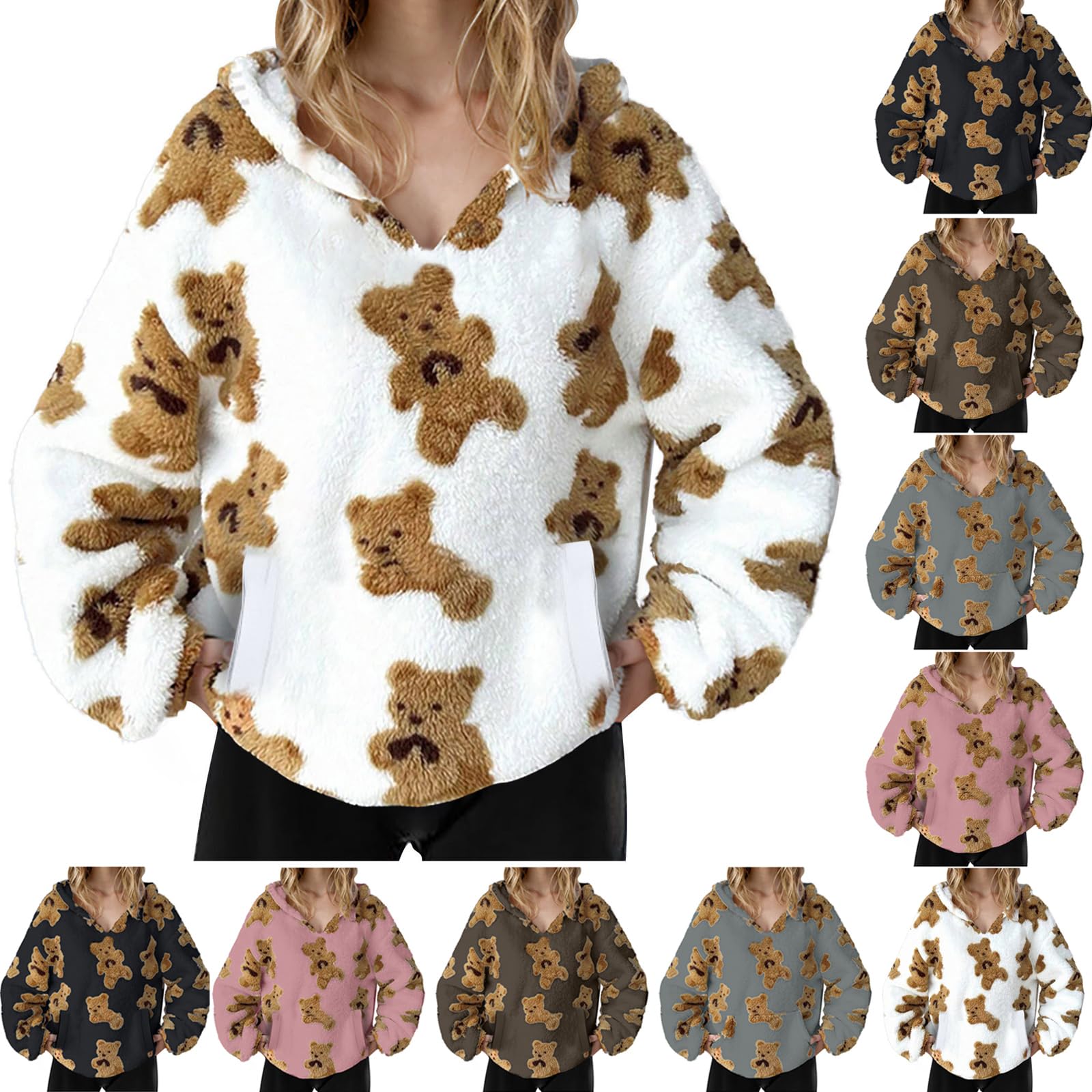 Felpa da donna con cappuccio sfocata con stampa di orsacchiotto, a maniche lunghe, con tasca, maglione caldo da donna, comodo, streetwear top per uso quotidiano, casa, lavoro o abbigliamento casual