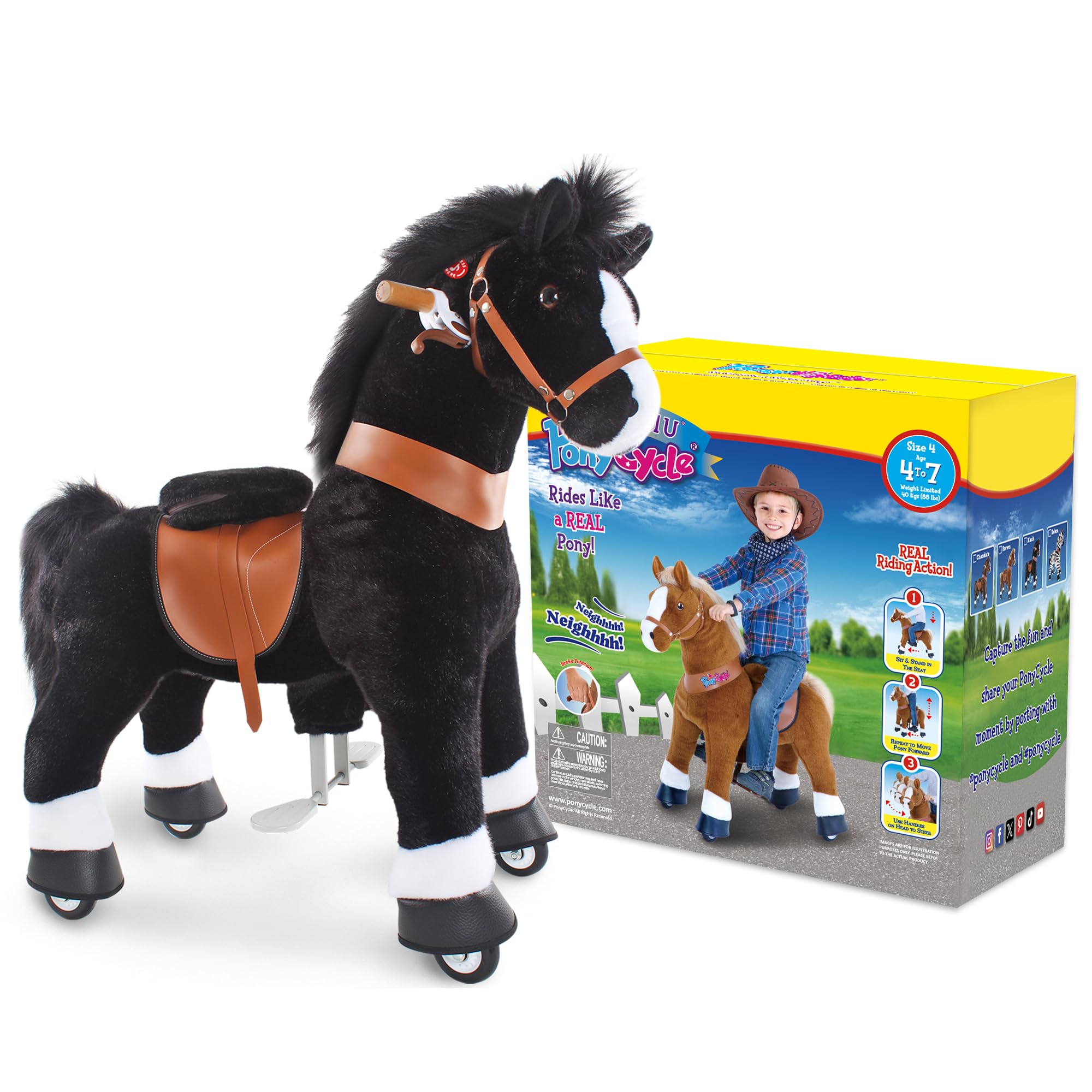 PonyCycle® Reitpferd auf Rollen | für Kinder 4–7 Jahre, 89cm | Schwarzes Plüsch Reitpferd mit Handbremse & Klang | Schaukelpferd, Stehpferd, Indoor & Outdoor | Klassisches Modell U – Ux426